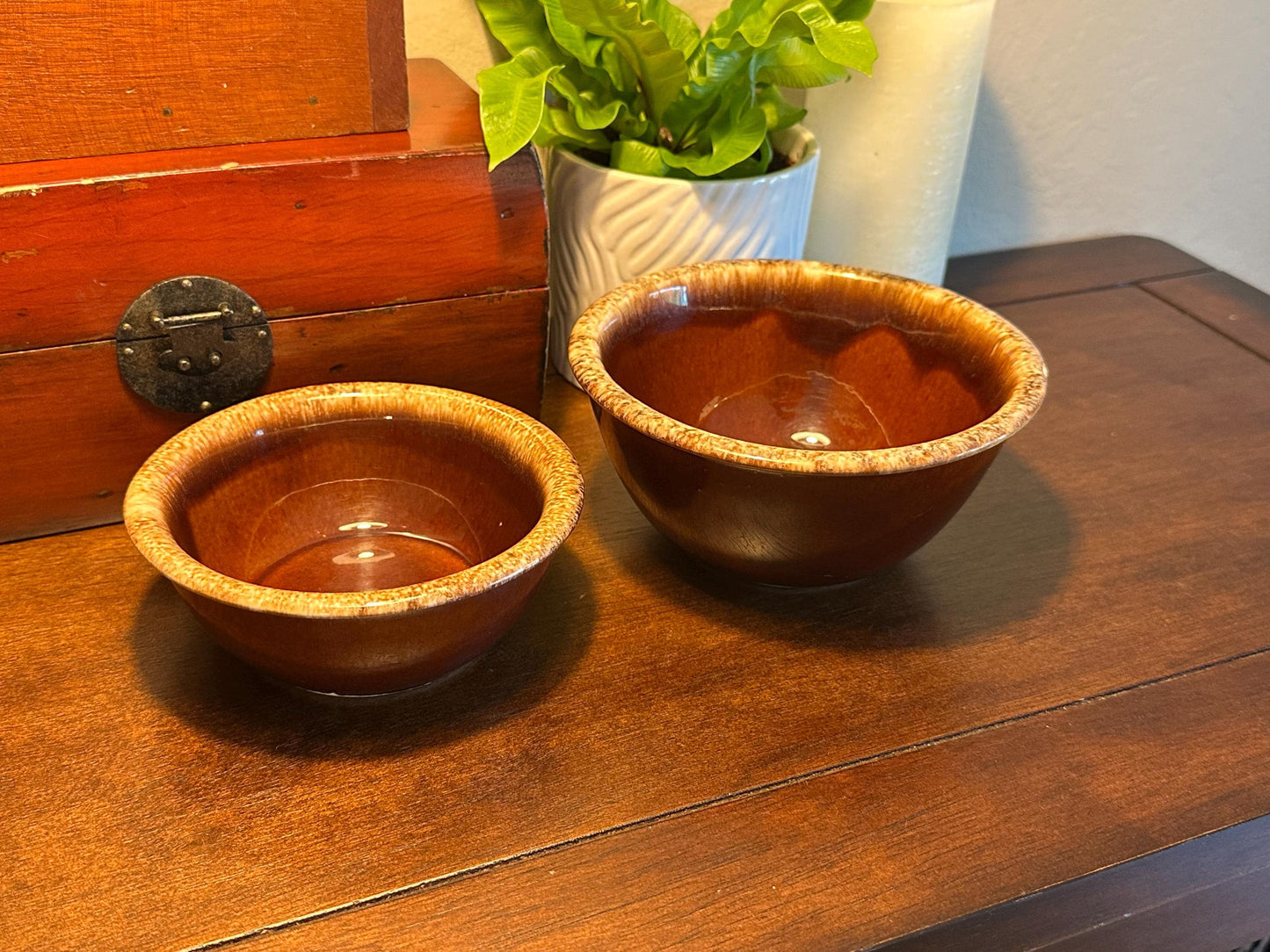Hull Pottery Brown Drip Glaze Nesting Bowls Set of 2 Vintage Stoneware Kitchen Mixing