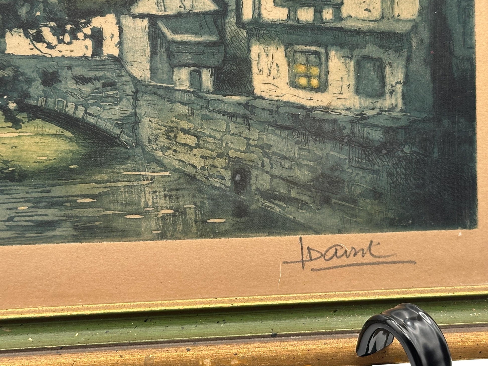 Mid-Century French Village Print Le Vieux Quai Signed Vintage Framed Artwork Wall Decor