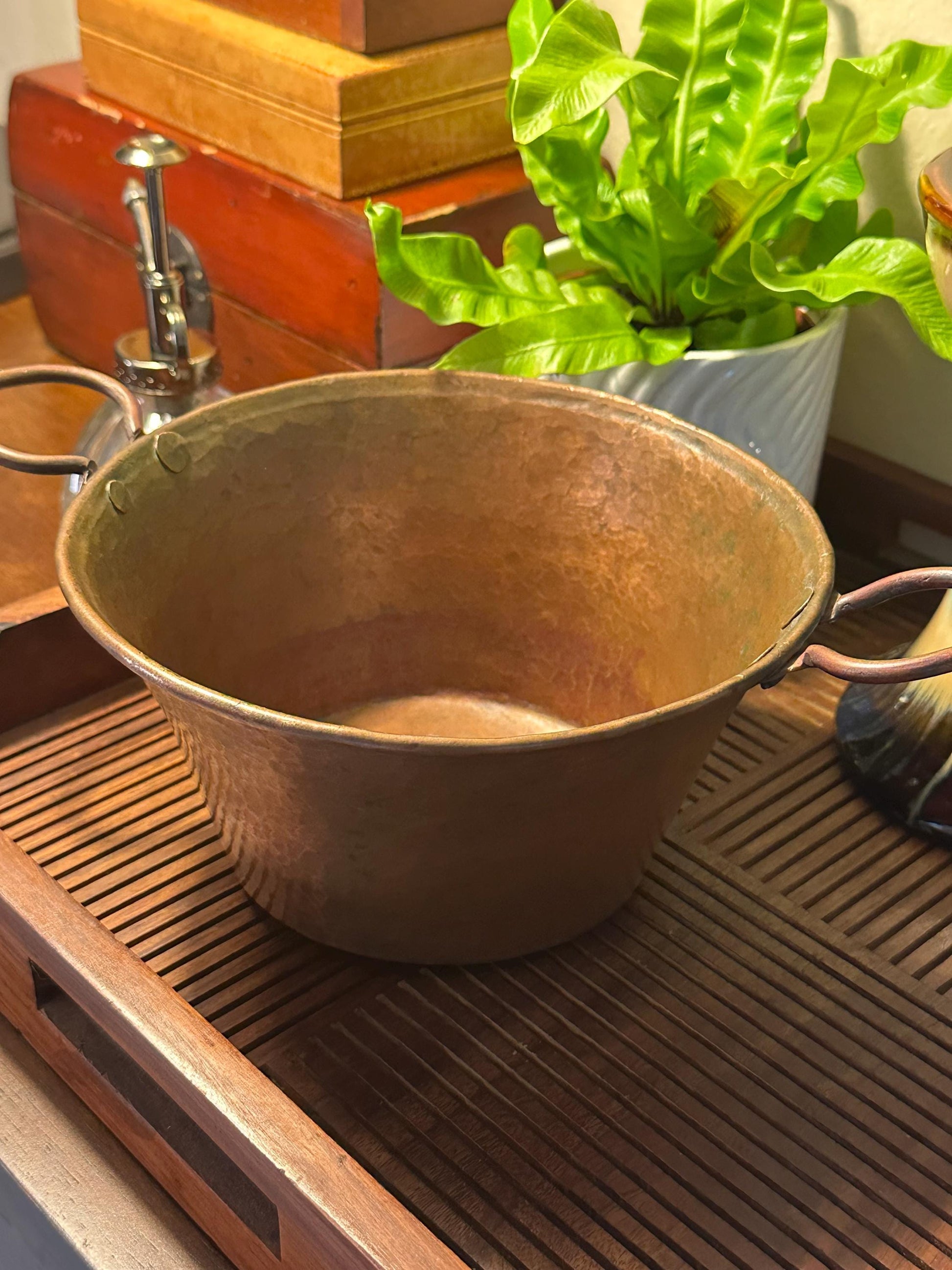 Antique Copper Kettle Pot Cauldron with Iron Handles - Vintage Kitchen Cookware