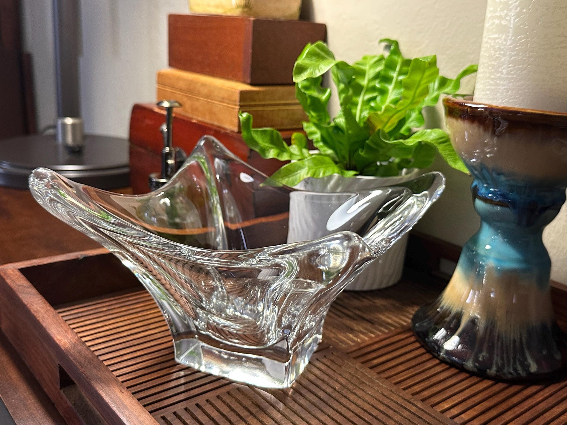 Vintage MCM Cofrac Art Verrier Clear Crystal Console Centerpiece Bowl 7 inch Mid Century Modern French Glass