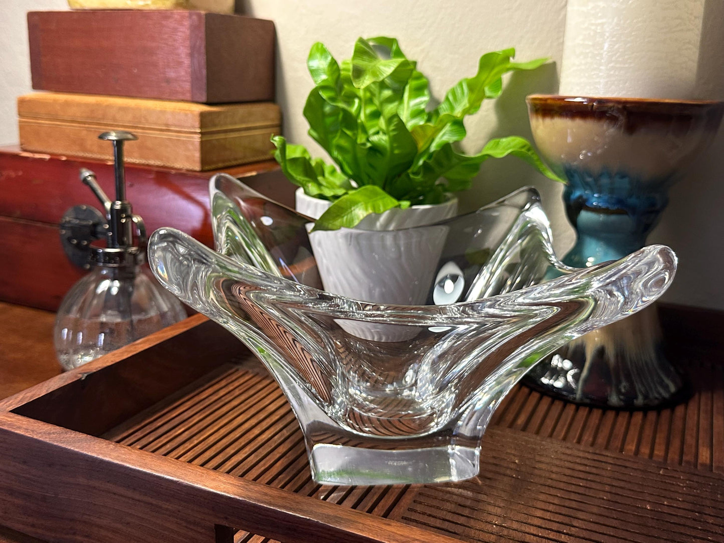 Vintage MCM Cofrac Art Verrier Clear Crystal Console Centerpiece Bowl 7 inch Mid Century Modern French Glass