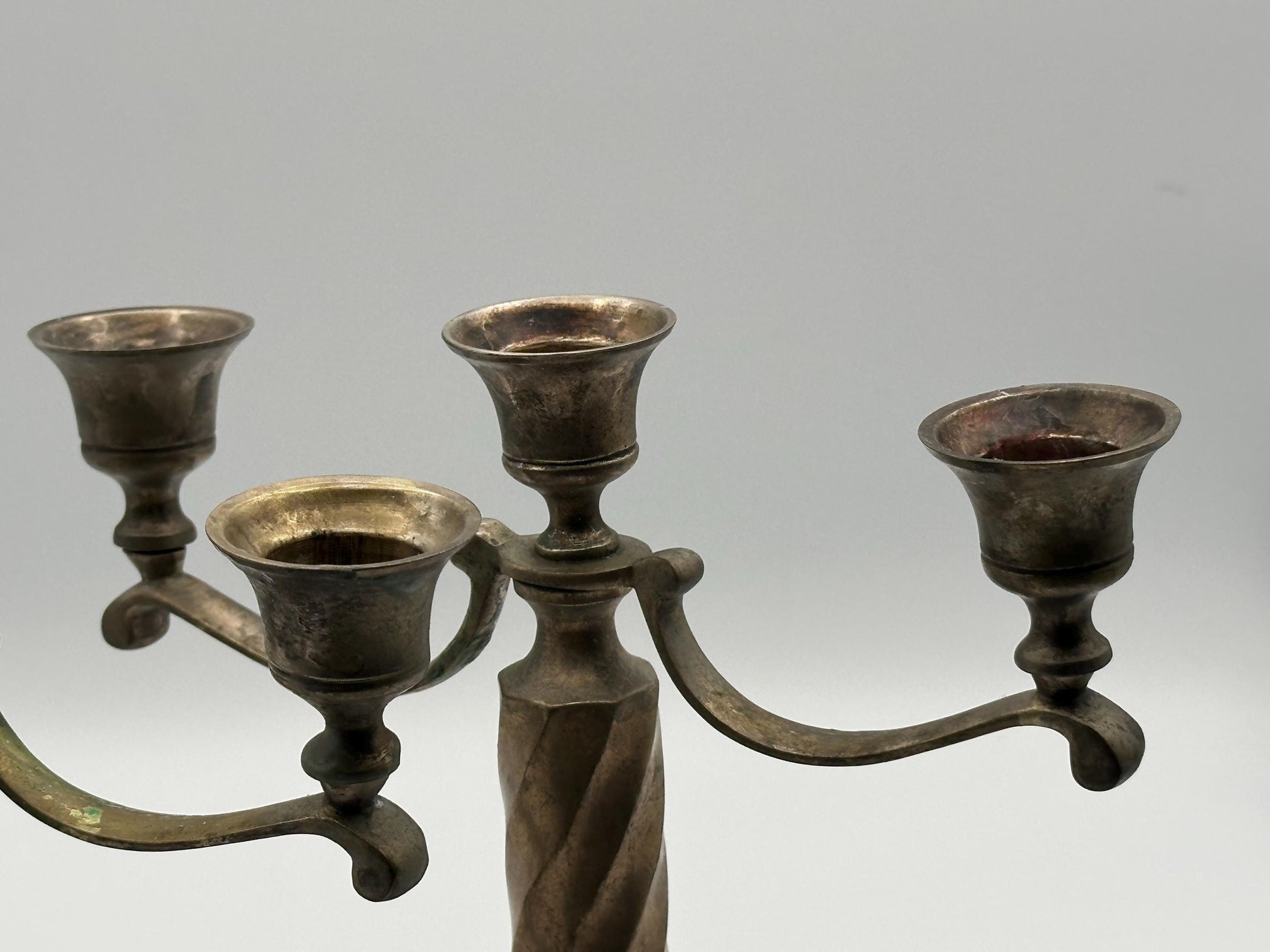 Vintage Brass 3-Arm Candelabra Pair – Ornate Twisted Column Candle Holders – Antique Style Mantel Decor