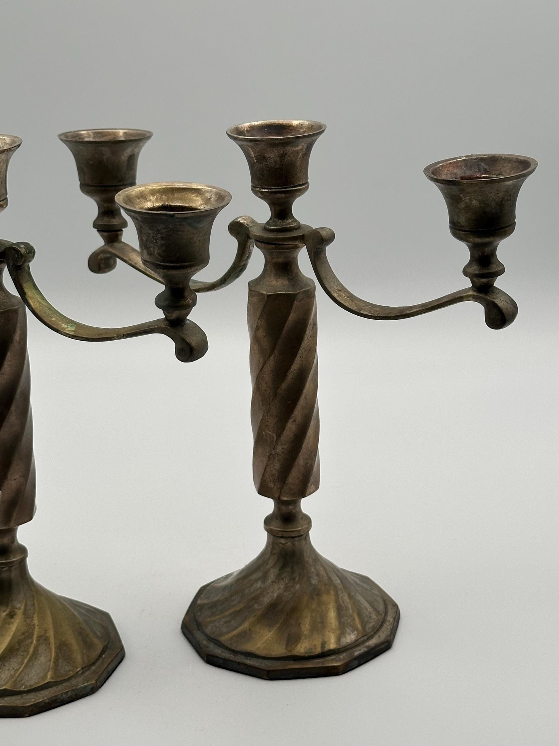 Vintage Brass 3-Arm Candelabra Pair – Ornate Twisted Column Candle Holders – Antique Style Mantel Decor