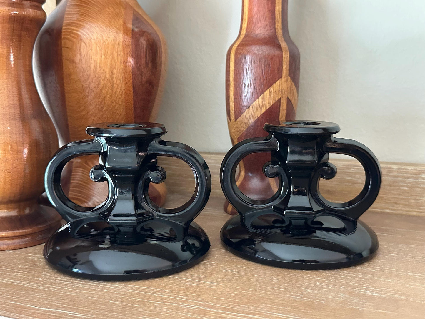Vintage Black Amethyst Glass Candlestick Holders Set of Two - Gothic Home Decor Candle Stands