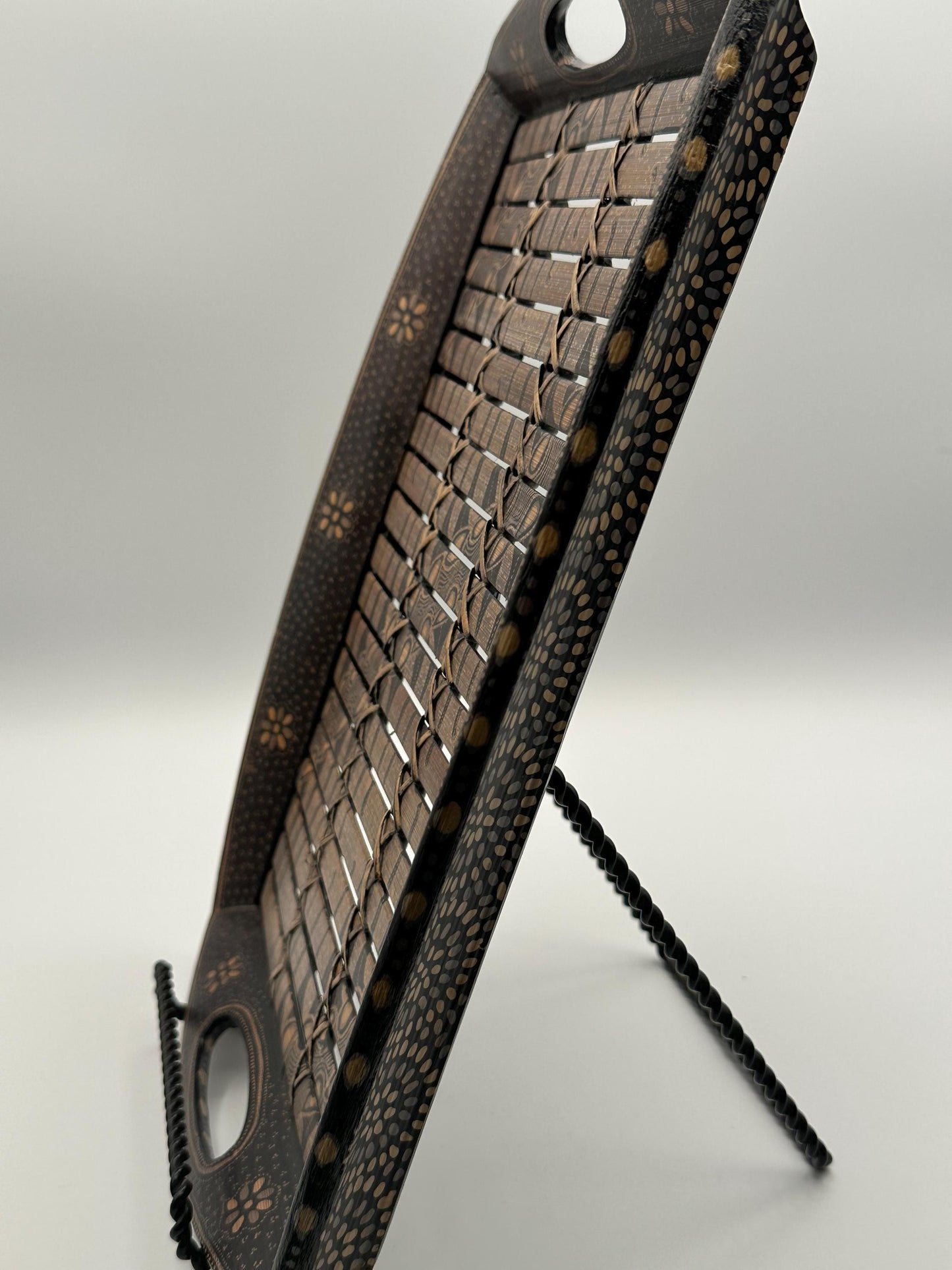 Handmade Batik Style Bamboo Serving Tray Black Brown Decorative Vintage Summer Entertaining