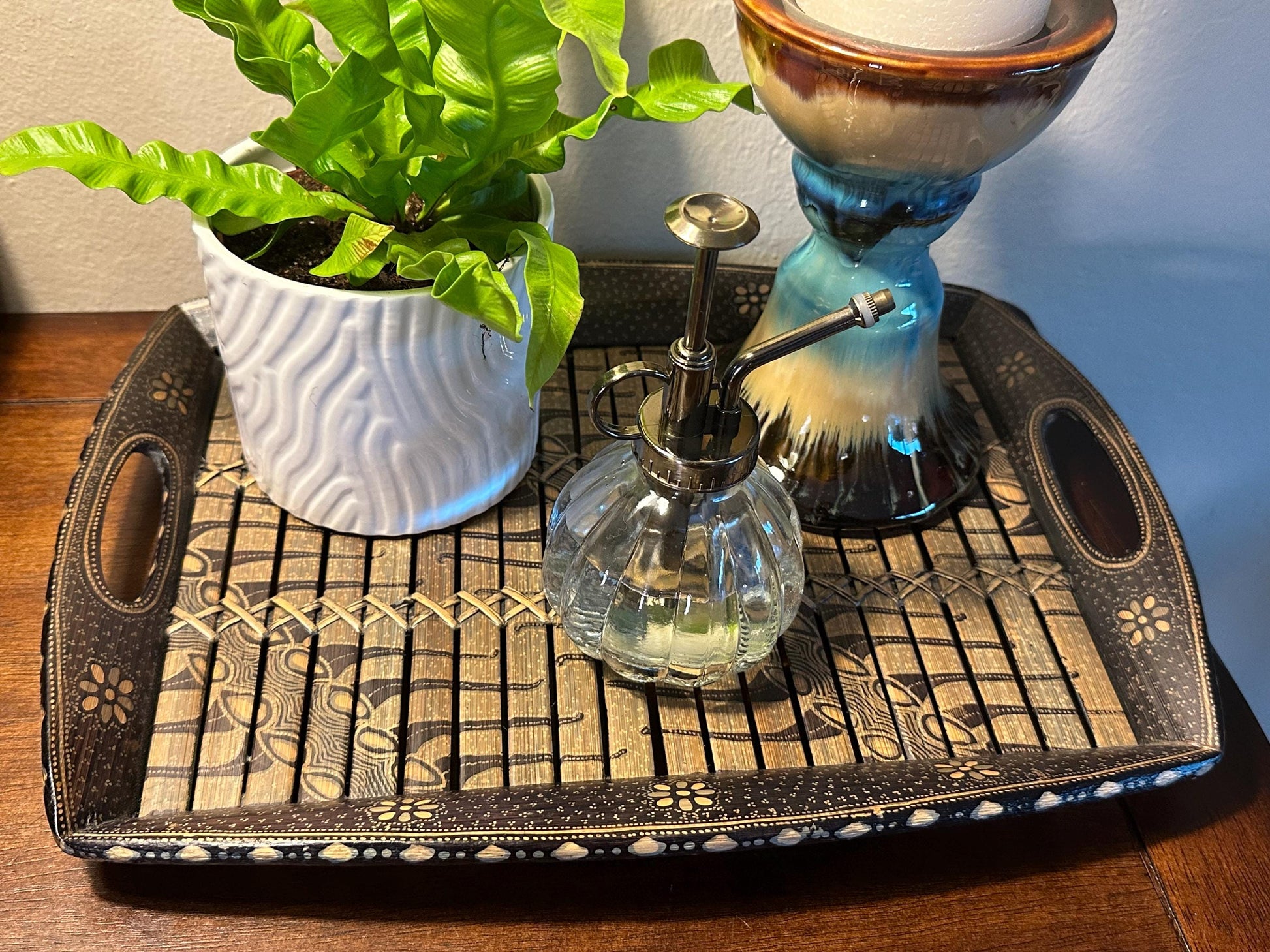 Handmade Batik Style Bamboo Serving Tray Black Brown Decorative Vintage Summer Entertaining