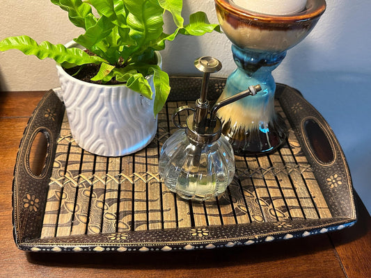Handmade Batik Style Bamboo Serving Tray Black Brown Decorative Vintage Summer Entertaining