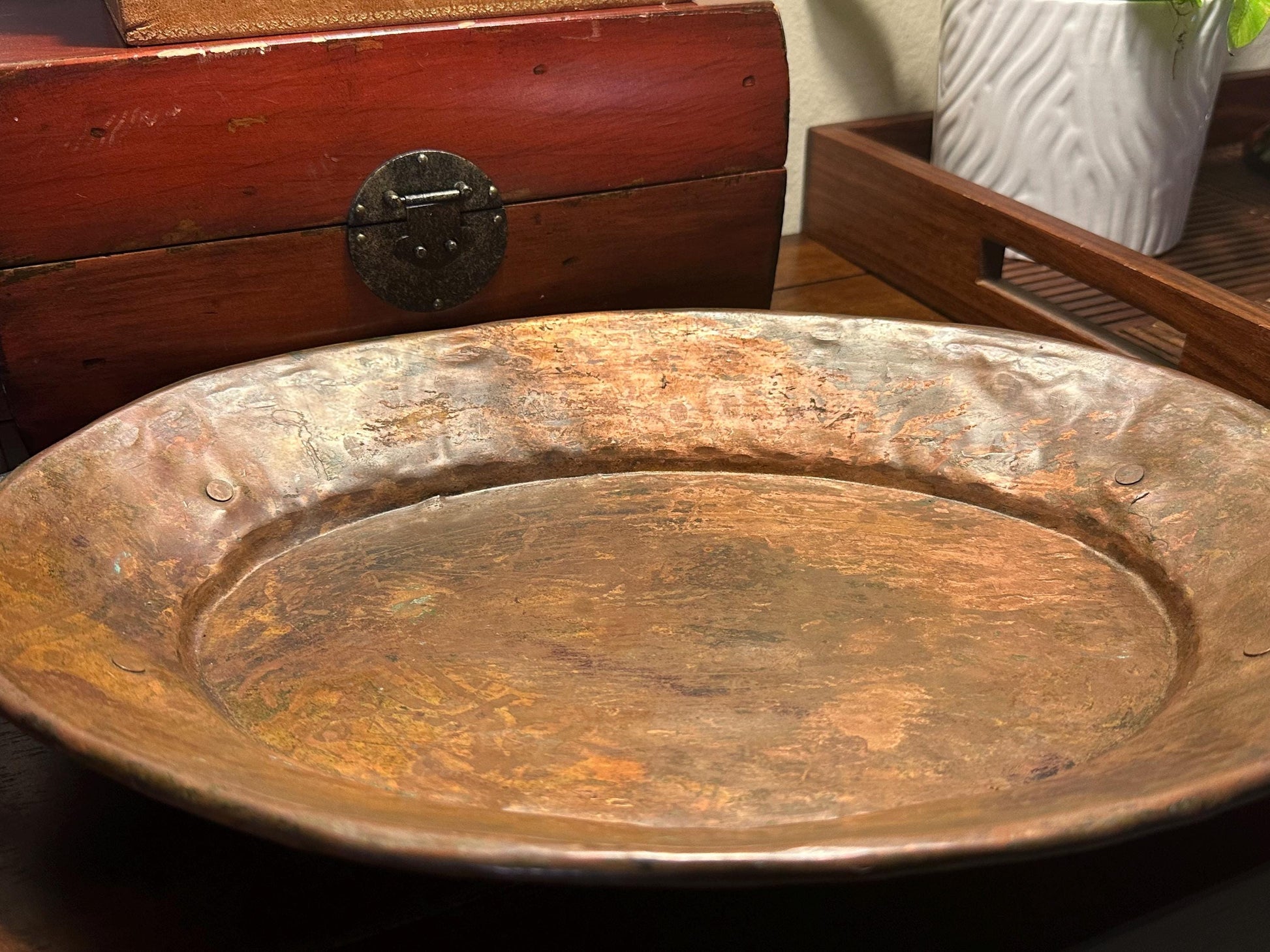 Vintage Handmade Hammered Copper Serving Tray with Handles Rustic Patina Turkish Artisan Crafted