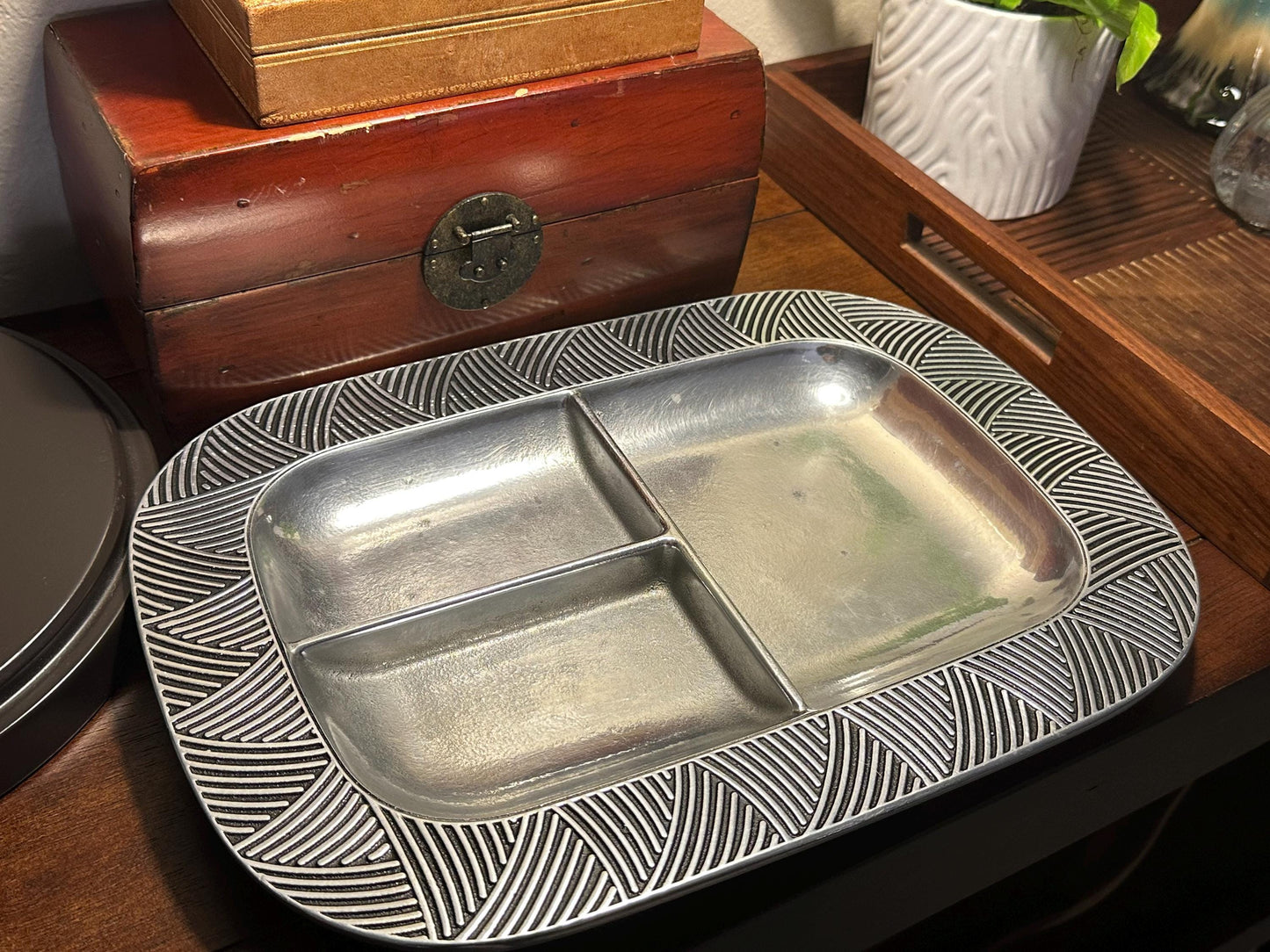 Vintage Wilton Armetale Pewter Reggae Divided Serving Tray - 3-Section Metal Platter with Geometric Art Deco Border