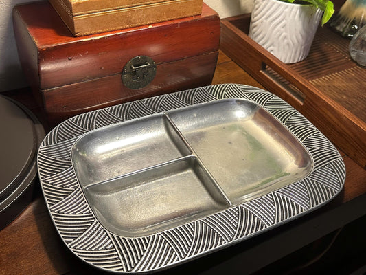Vintage Wilton Armetale Pewter Reggae Divided Serving Tray - 3-Section Metal Platter with Geometric Art Deco Border