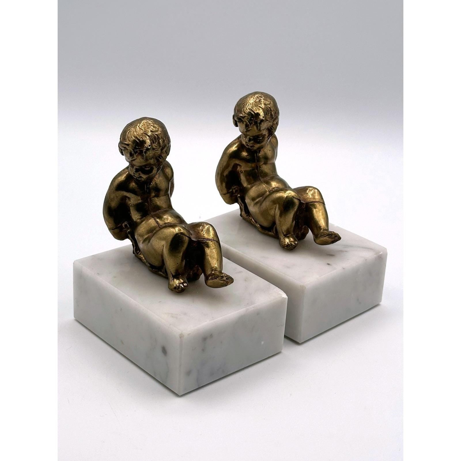 Vintage Brass Cherub Bookends Classical Neo-Baroque Solid Marble Base Angels Decorative Library Shelf Accent