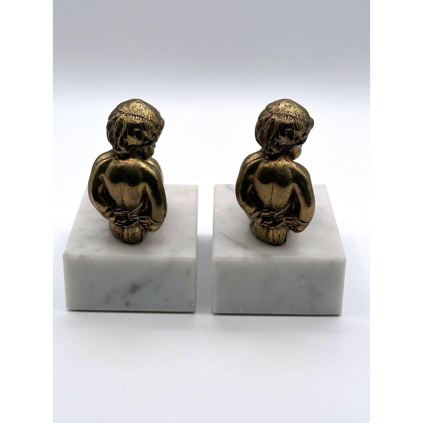 Vintage Brass Cherub Bookends Classical Neo-Baroque Solid Marble Base Angels Decorative Library Shelf Accent