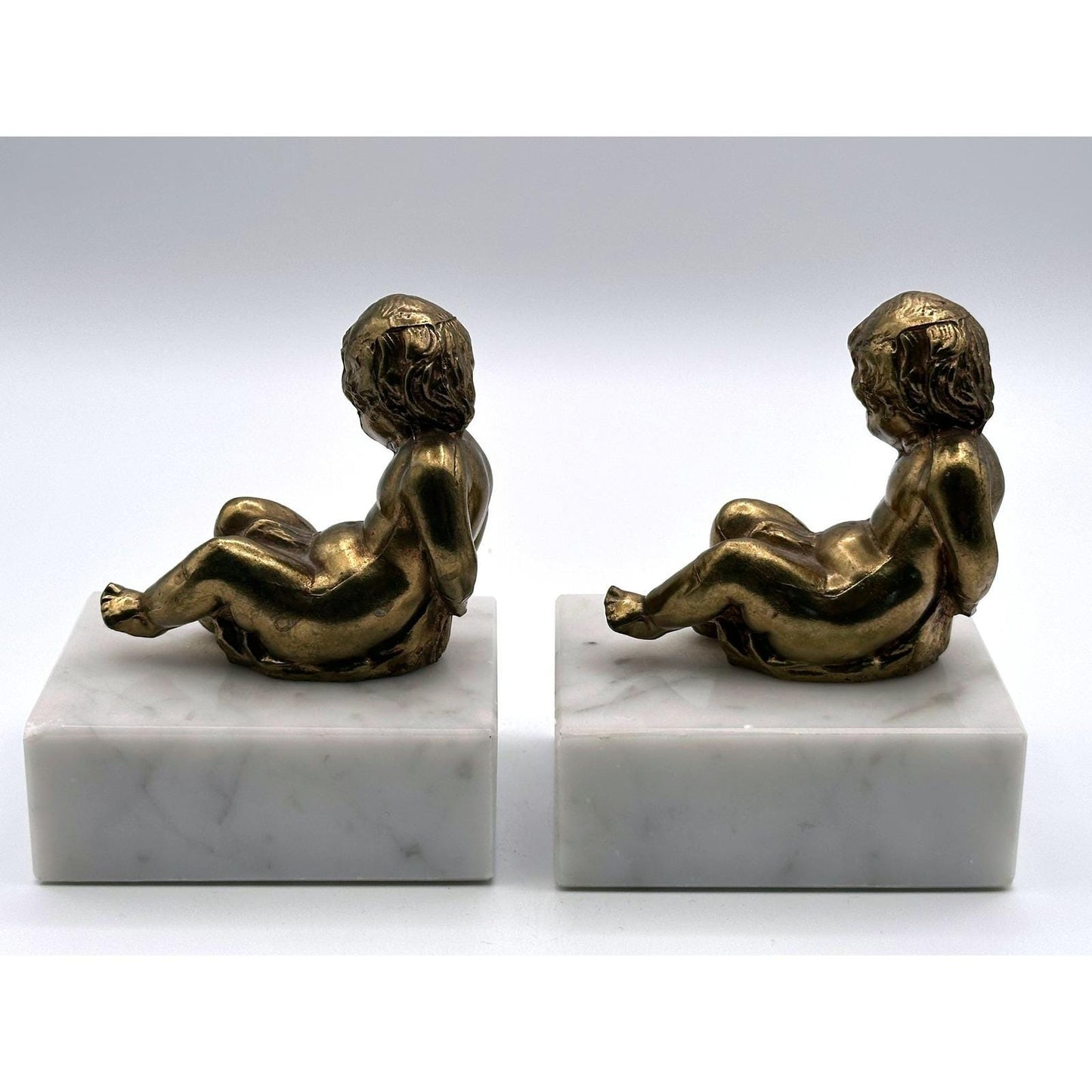Vintage Brass Cherub Bookends Classical Neo-Baroque Solid Marble Base Angels Decorative Library Shelf Accent
