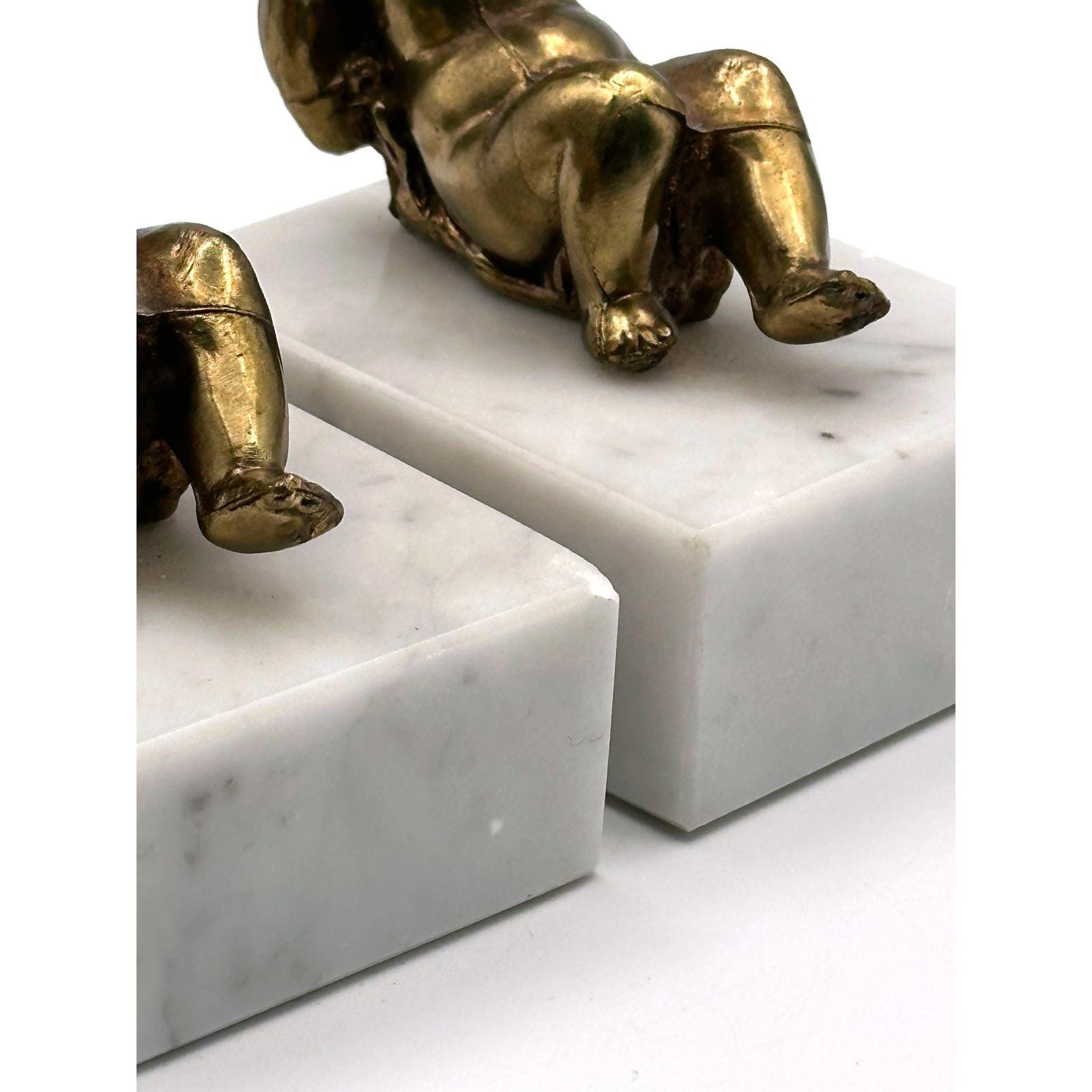 Vintage Brass Cherub Bookends Classical Neo-Baroque Solid Marble Base Angels Decorative Library Shelf Accent