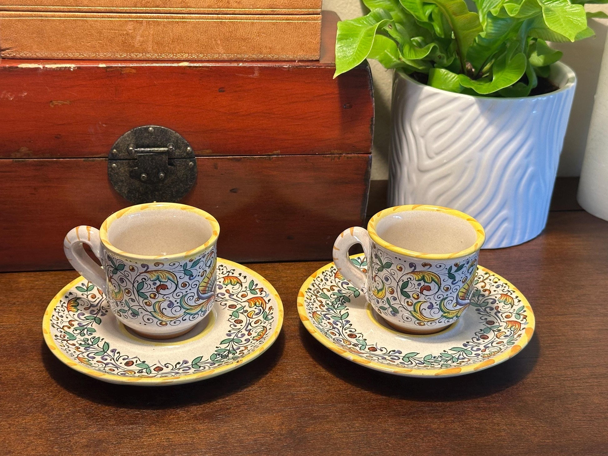 Meridiana Ceramiche Hand Painted Italian Cup Saucer Set of 2 - Vintage Ceramic Dinnerware