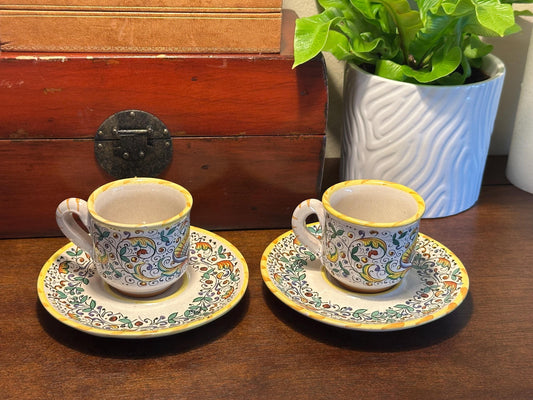 Meridiana Ceramiche Hand Painted Italian Cup Saucer Set of 2 - Vintage Ceramic Dinnerware