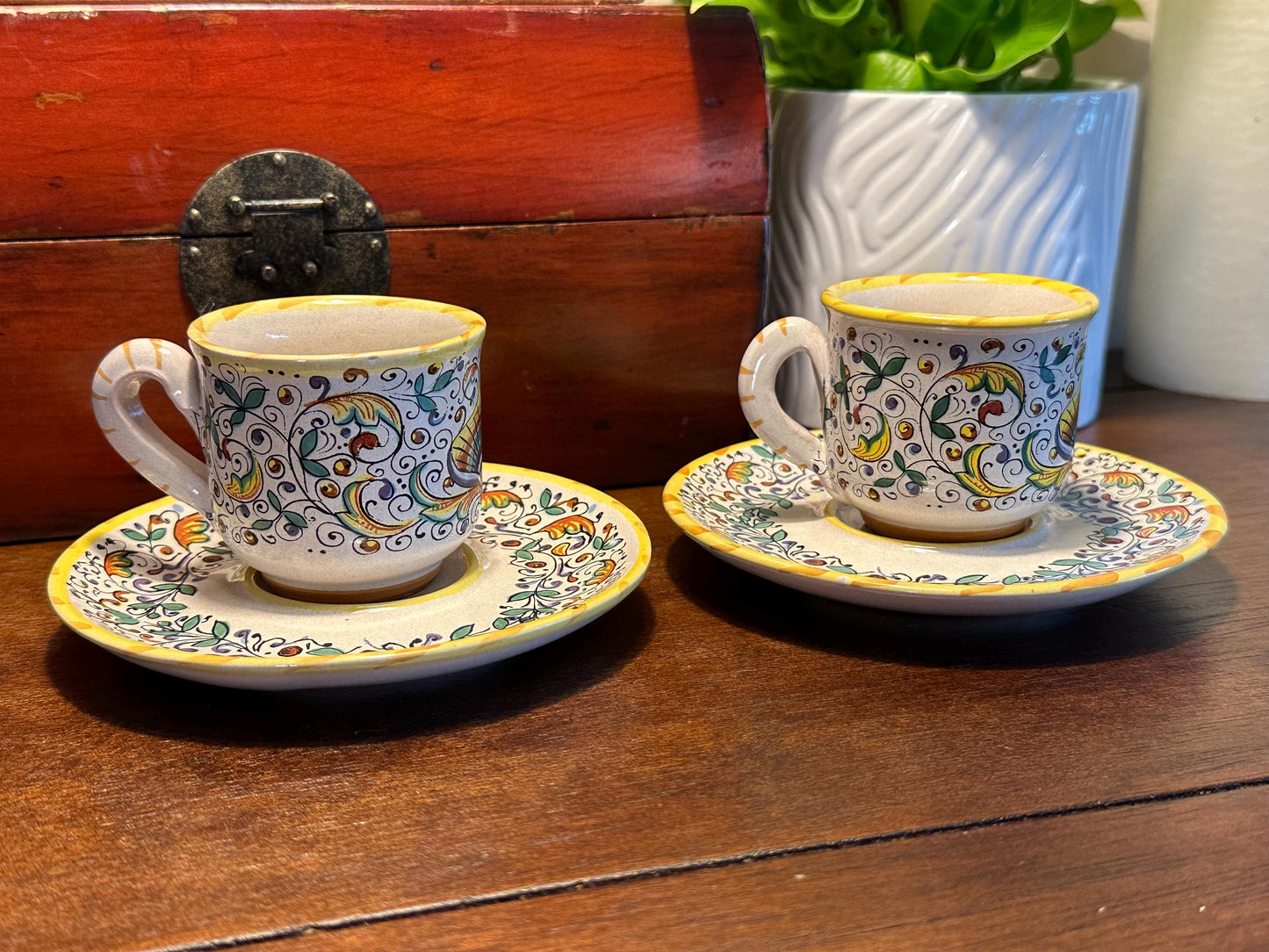 Meridiana Ceramiche Hand Painted Italian Cup Saucer Set of 2 - Vintage Ceramic Dinnerware