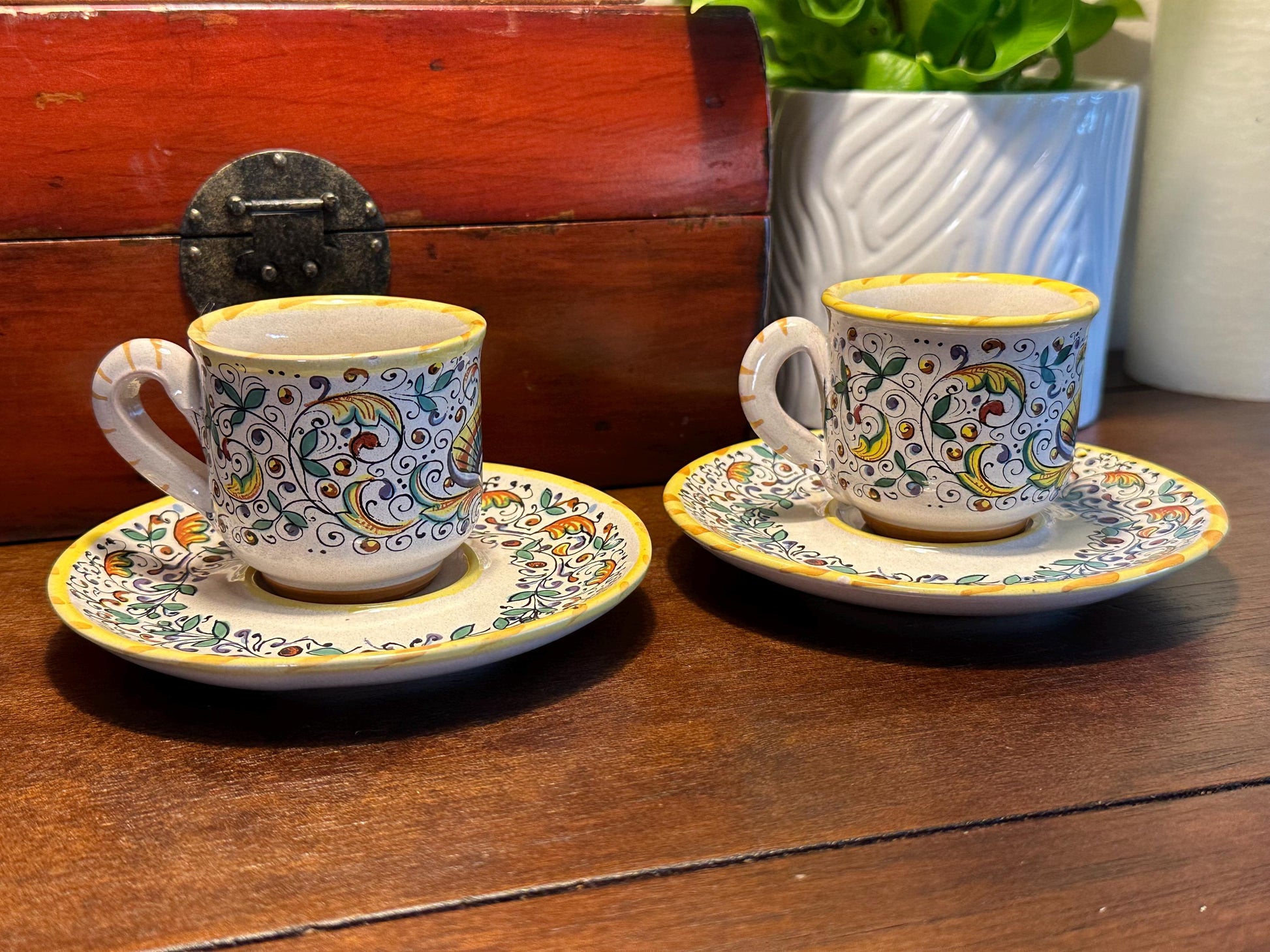 Meridiana Ceramiche Hand Painted Italian Cup Saucer Set of 2 - Vintage Ceramic Dinnerware