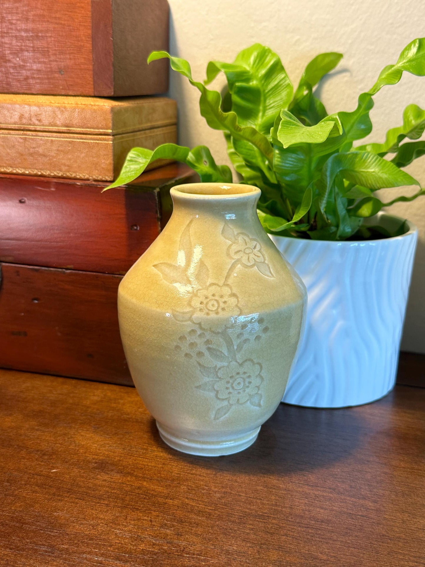 Vintage Yellow Stoneware Bud Vase Embossed Floral Motif Tan Crackle Glaze Artist Signed Pottery