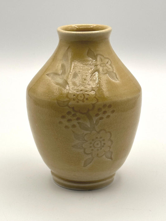 Vintage Yellow Stoneware Bud Vase Embossed Floral Motif Tan Crackle Glaze Artist Signed Pottery