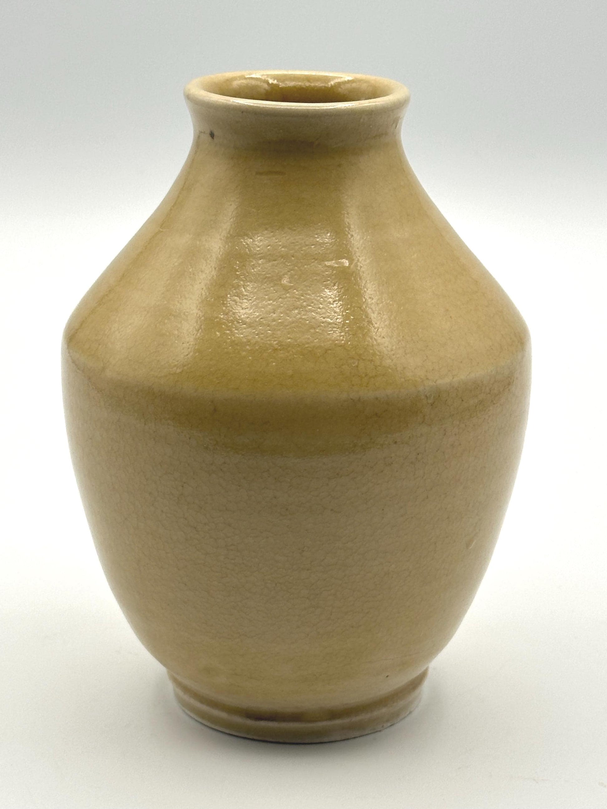 Vintage Yellow Stoneware Bud Vase Embossed Floral Motif Tan Crackle Glaze Artist Signed Pottery