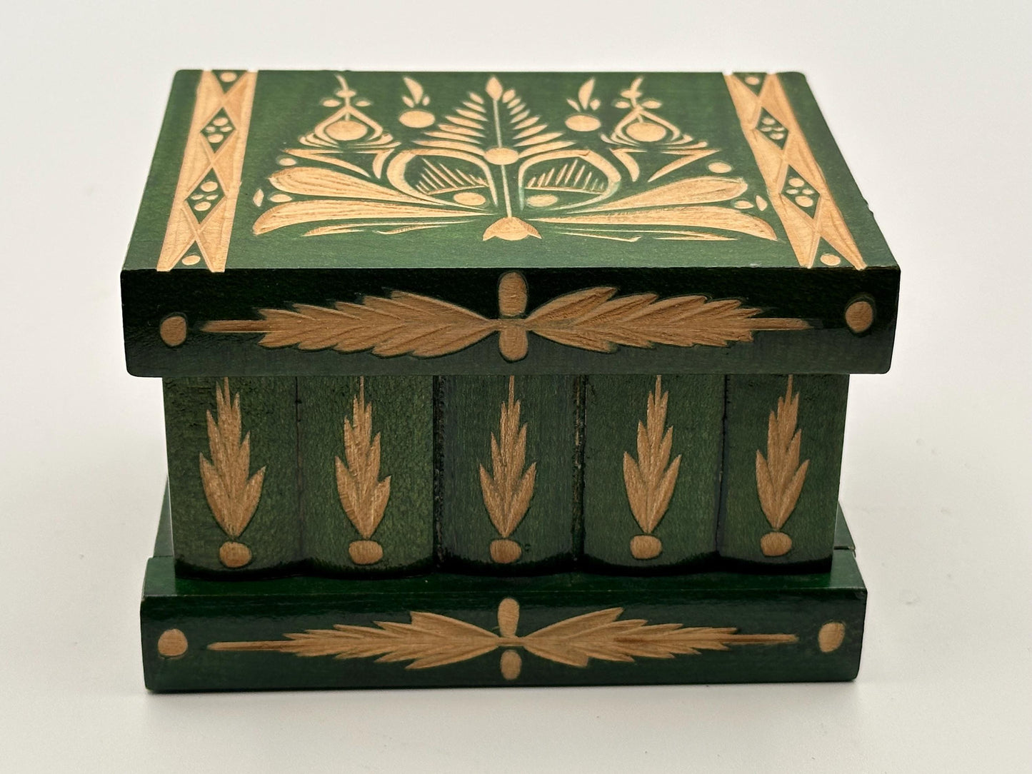 Vintage Handcrafted Green Wood Puzzle Box - Romanian Folk Carving Jewelry Storage Trinket Chest