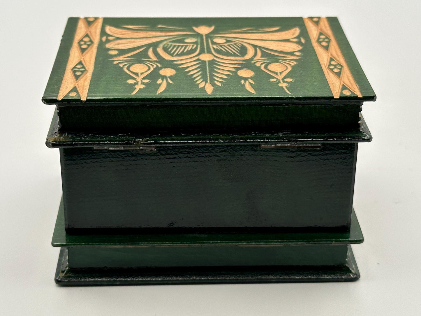 Vintage Handcrafted Green Wood Puzzle Box - Romanian Folk Carving Jewelry Storage Trinket Chest