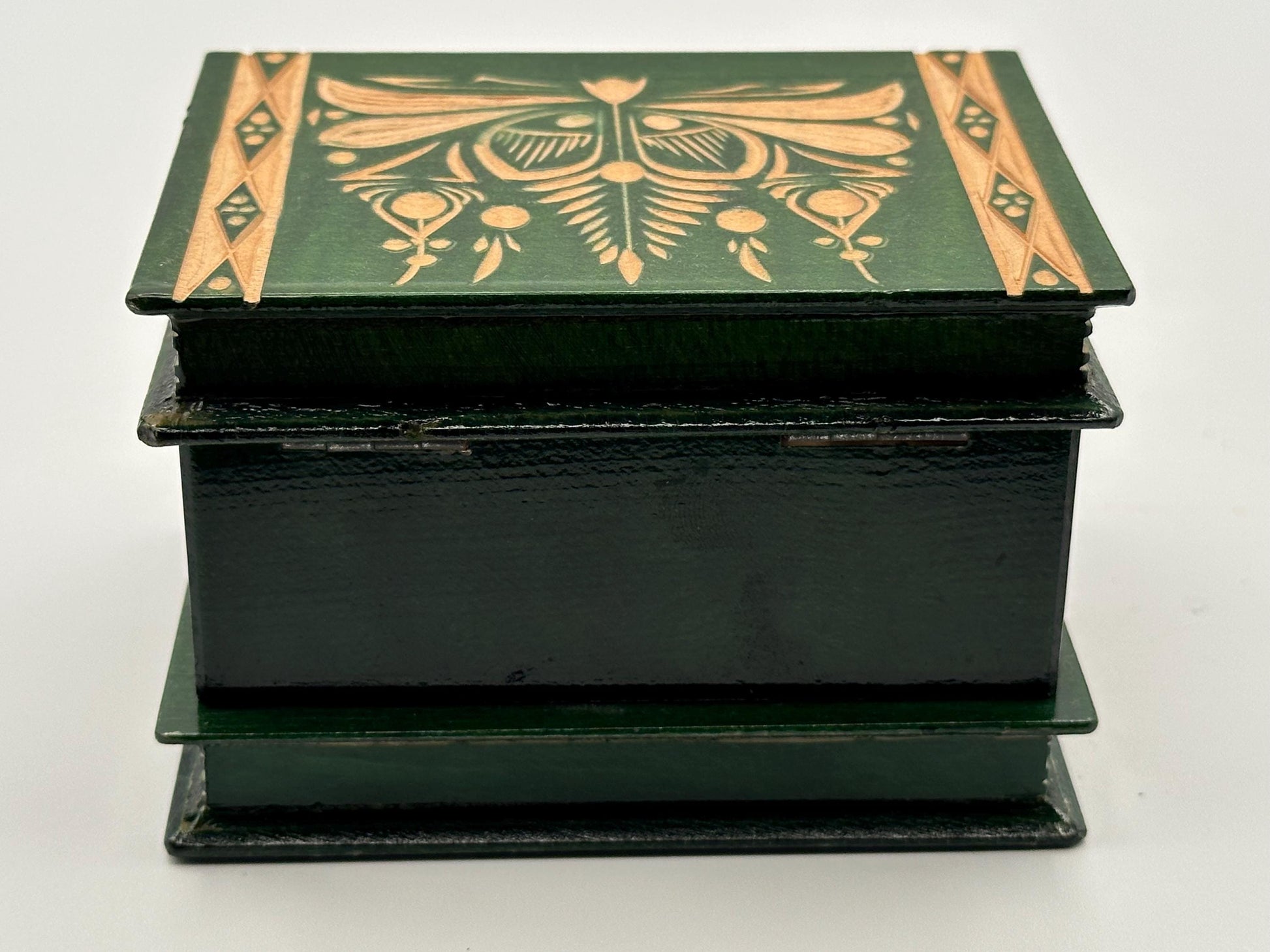 Vintage Handcrafted Green Wood Puzzle Box - Romanian Folk Carving Jewelry Storage Trinket Chest