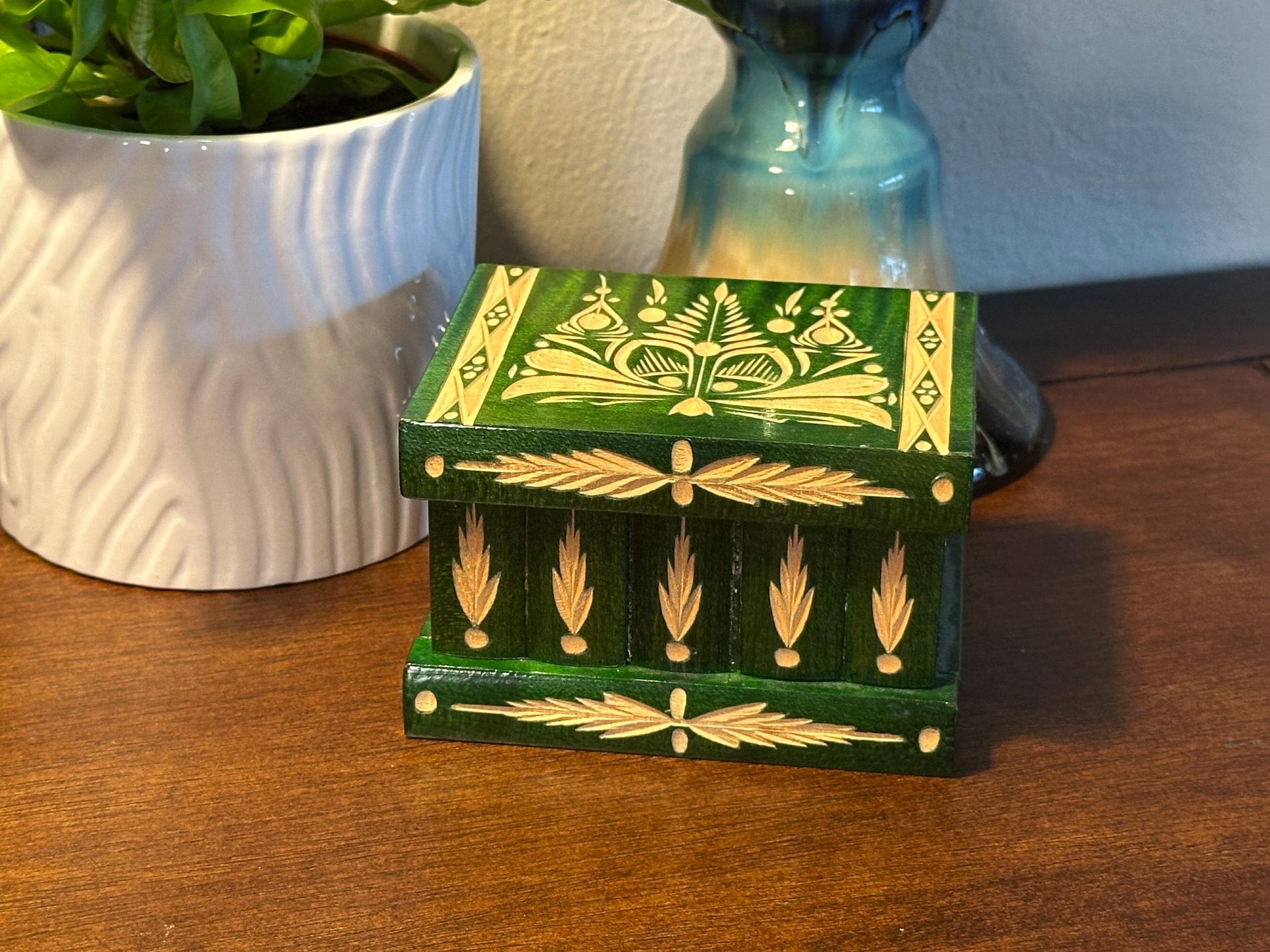 Vintage Handcrafted Green Wood Puzzle Box - Romanian Folk Carving Jewelry Storage Trinket Chest