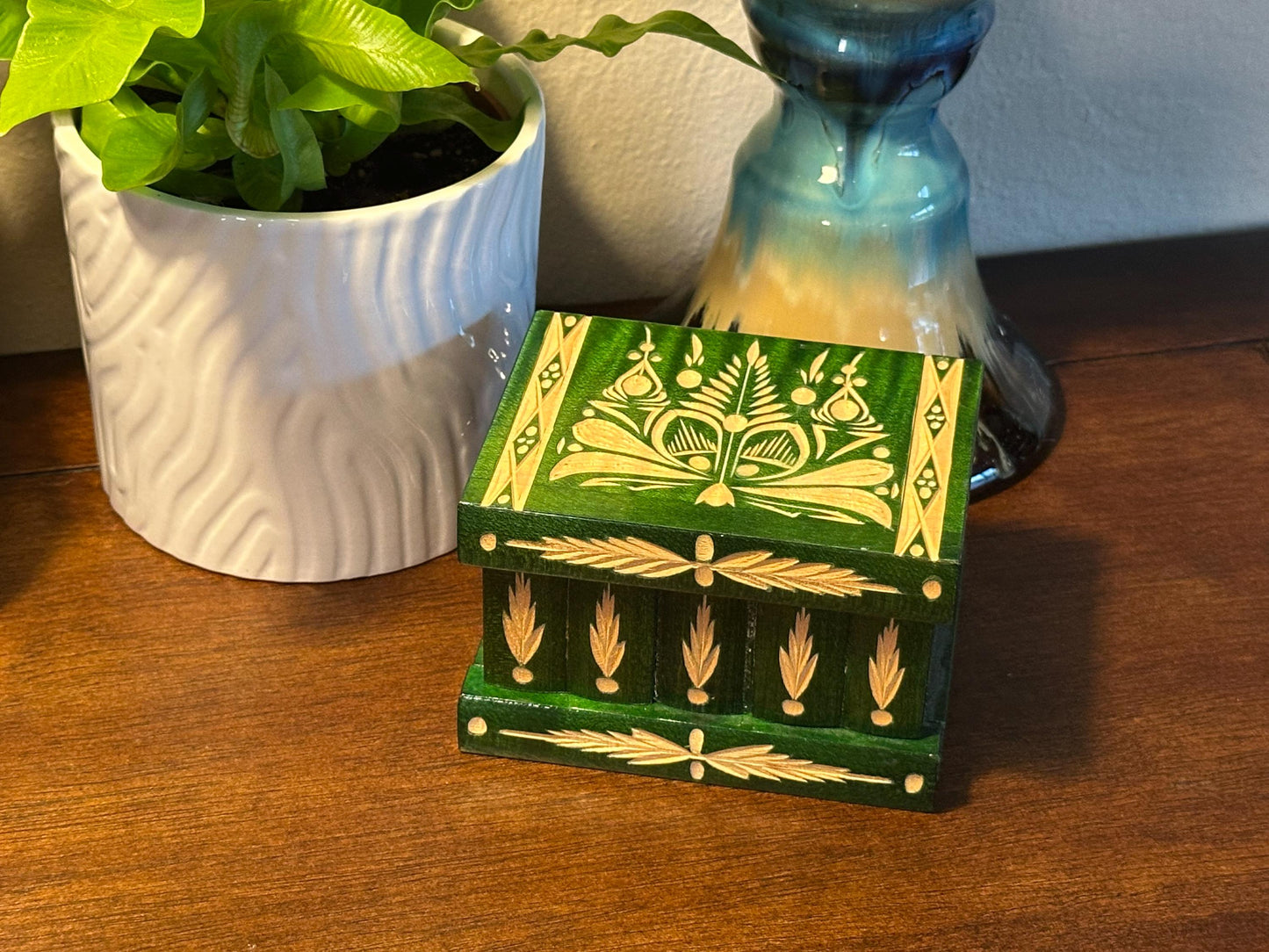 Vintage Handcrafted Green Wood Puzzle Box - Romanian Folk Carving Jewelry Storage Trinket Chest