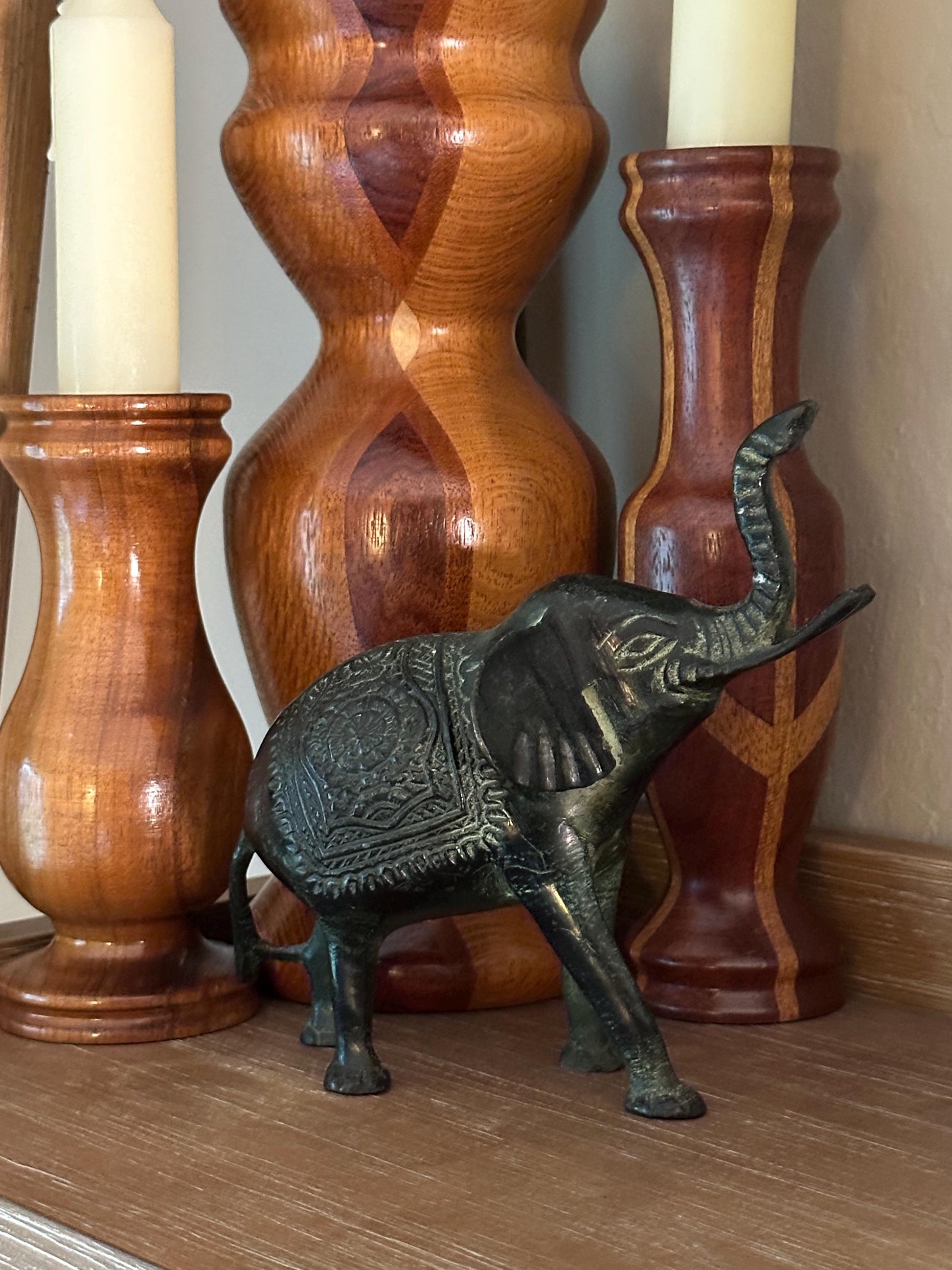 Vintage Brass Elephant Figurine – Handcrafted India Sculpture with Ornate Detailing