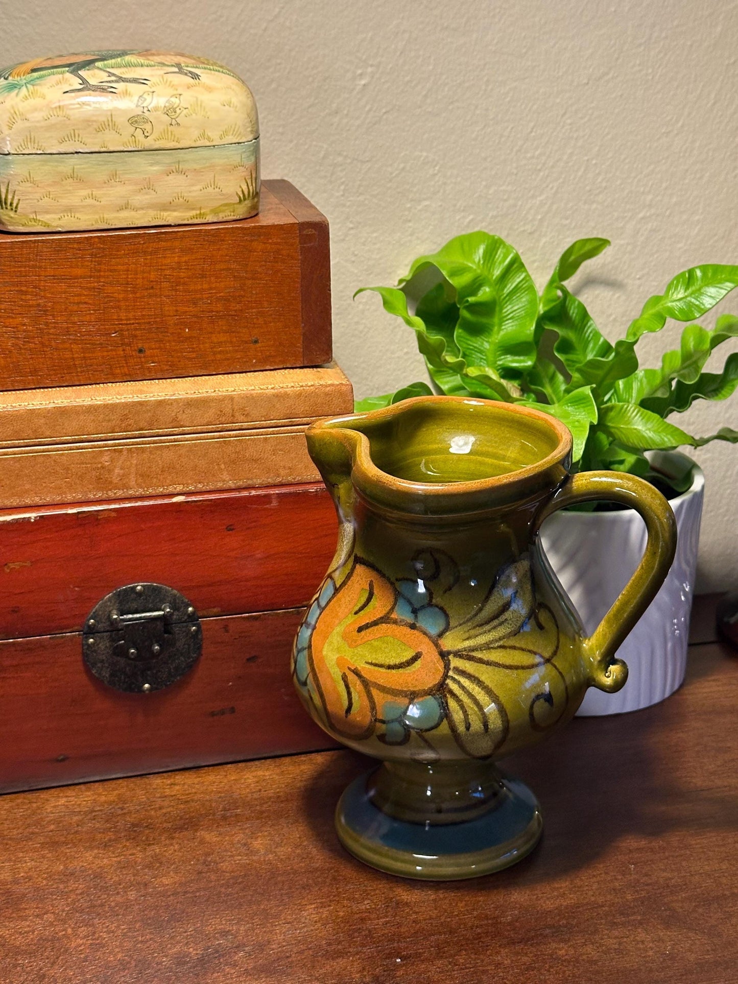 Vintage Italian Hand-Painted Pottery Pitcher Mid-Century Floral Ceramic Jug Water Vessel Collectible Decor