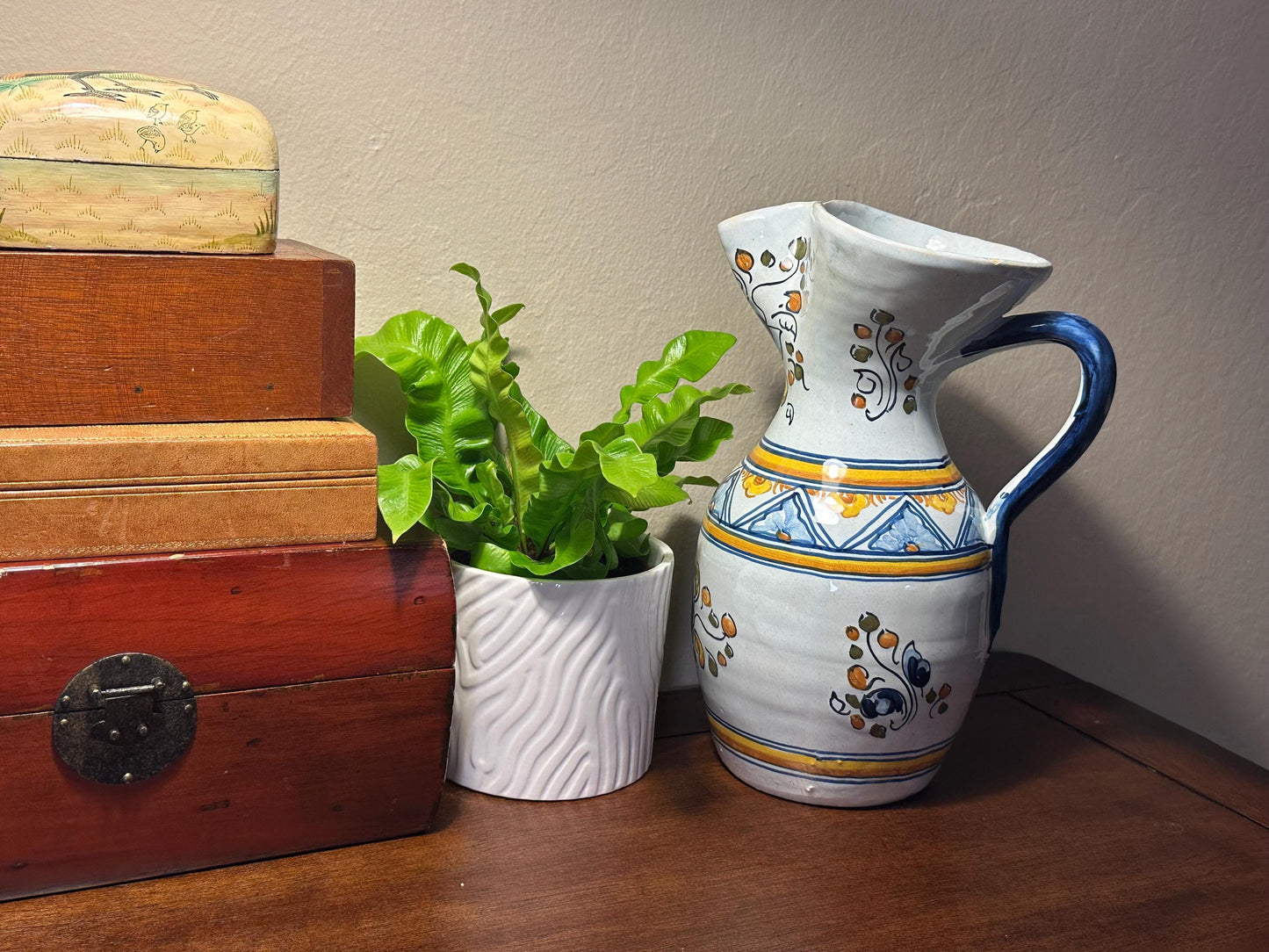 Vintage Mexican Talavera Pottery Pitcher Hand-Painted Ceramic Water Folk Art Collectible