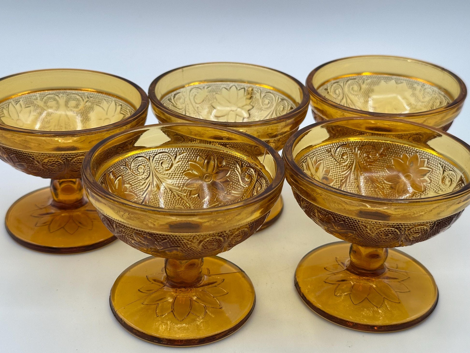 Vintage Amber Glass Dessert Set - 5 Sherbet Cups & 6 Plates | Pressed Floral Design