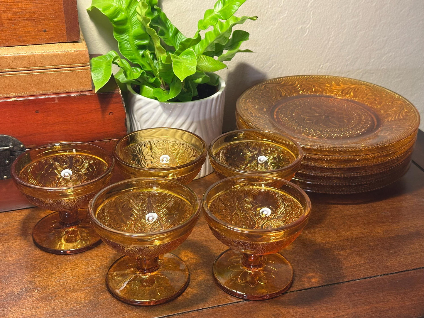 Vintage Amber Glass Dessert Set - 5 Sherbet Cups & 6 Plates | Pressed Floral Design