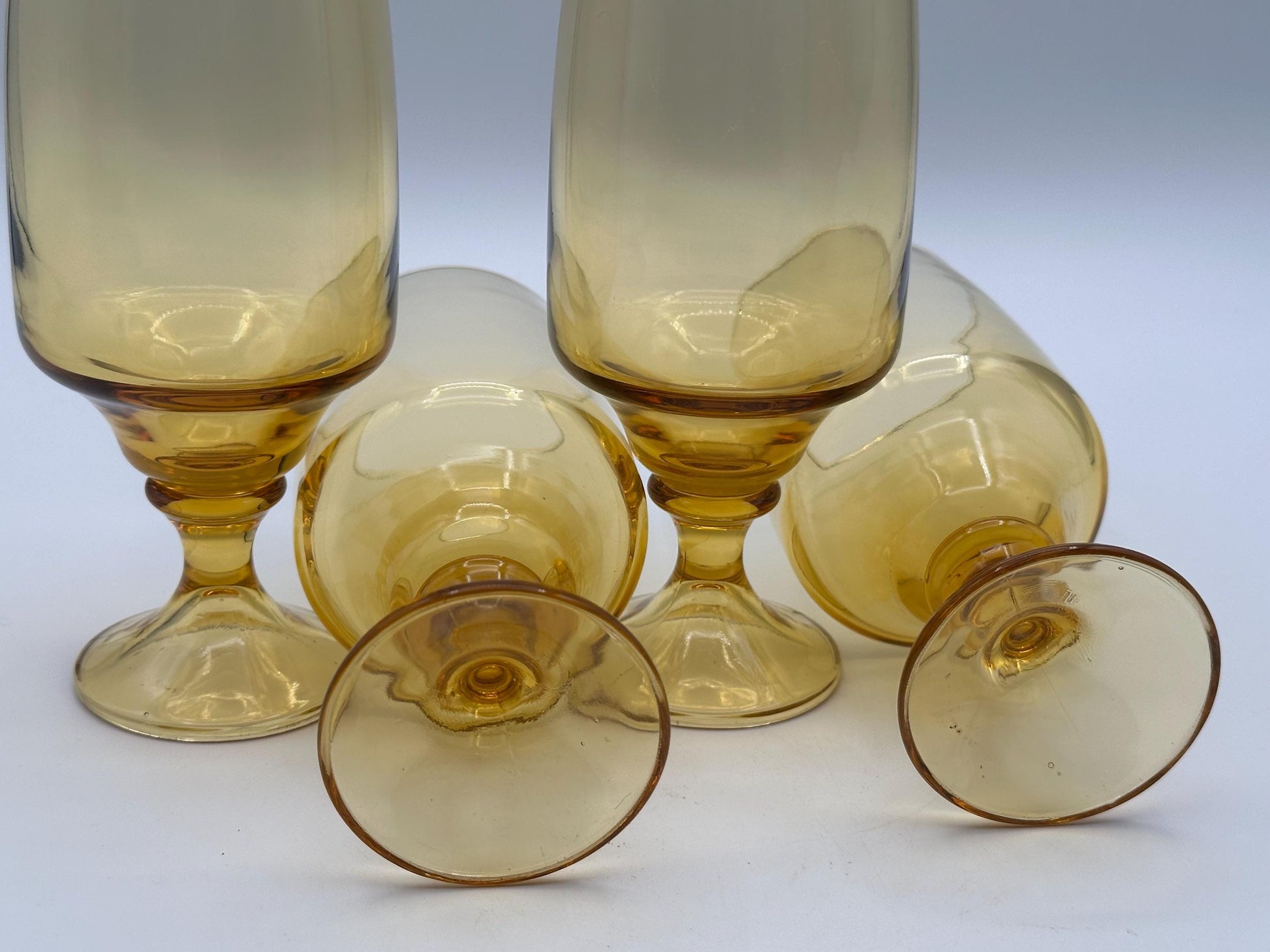 Vintage Amber Glass Goblets Set of 4 Pedestal Wine Water Glasses Mid Century Modern Drinkware