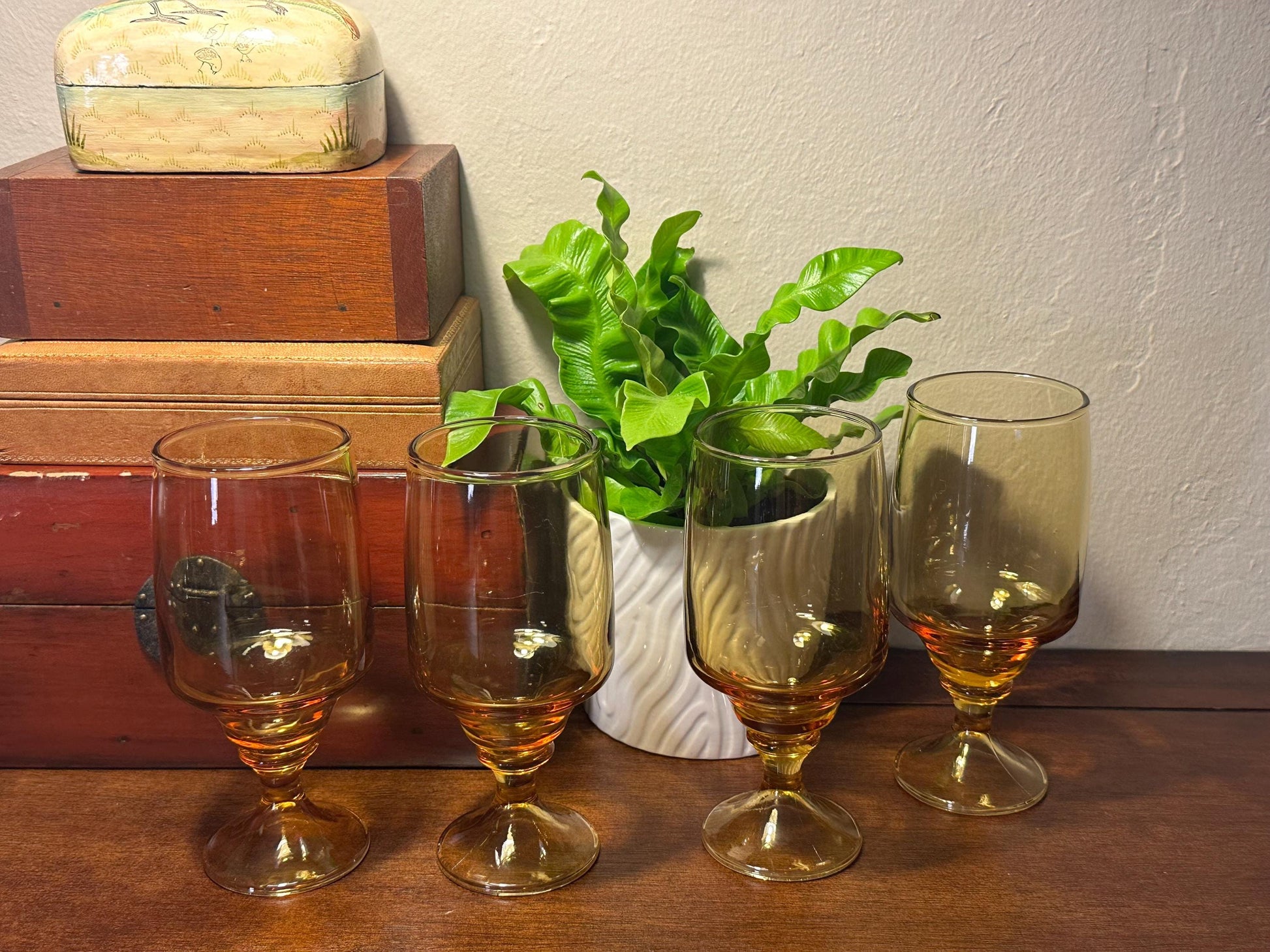 Vintage Amber Glass Goblets Set of 4 Pedestal Wine Water Glasses Mid Century Modern Drinkware