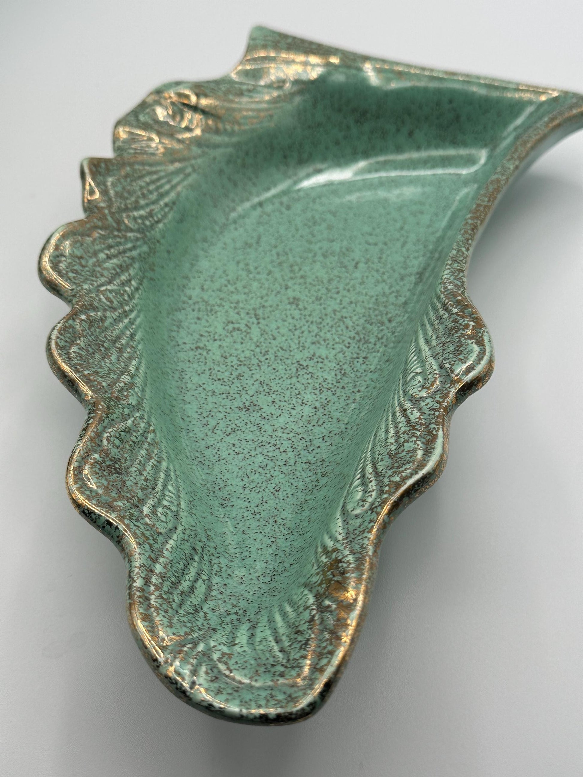 Vintage California Originals Green Ceramic Leaf Serving Dishes Set of 3 Trays with Gold Trim Mid Century Pottery