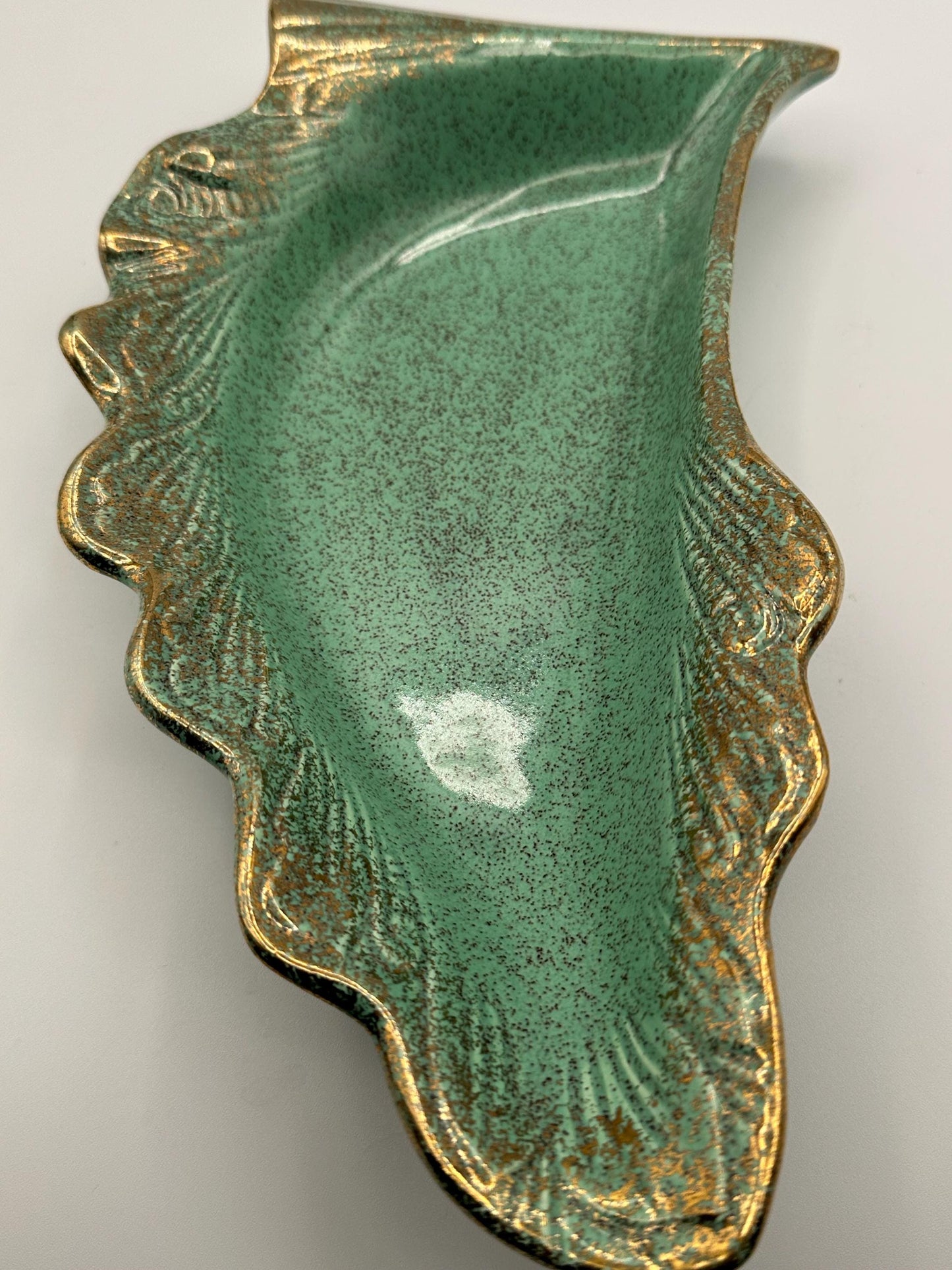 Vintage California Originals Green Ceramic Leaf Serving Dishes Set of 3 Trays with Gold Trim Mid Century Pottery