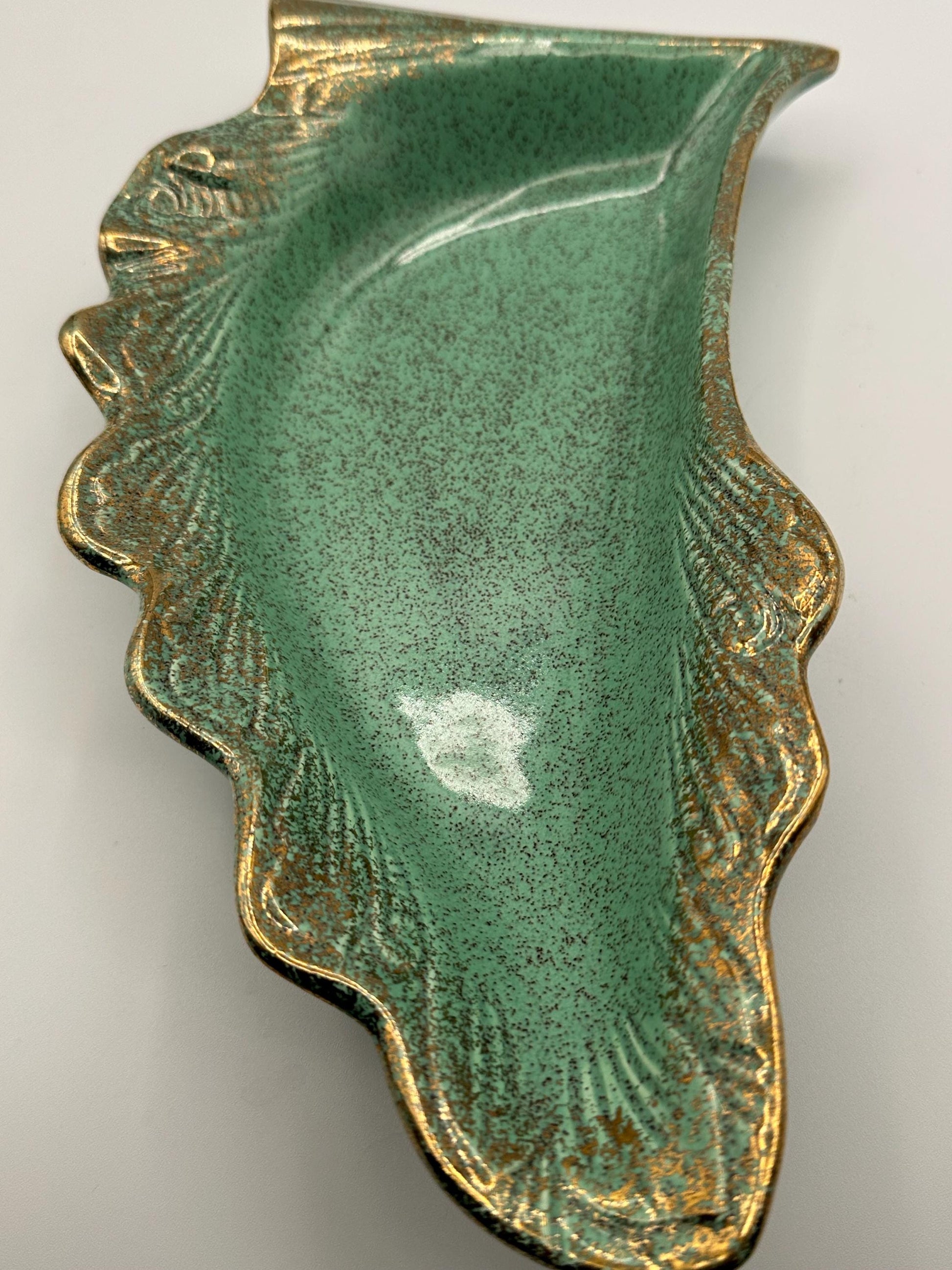 Vintage California Originals Green Ceramic Leaf Serving Dishes Set of 3 Trays with Gold Trim Mid Century Pottery
