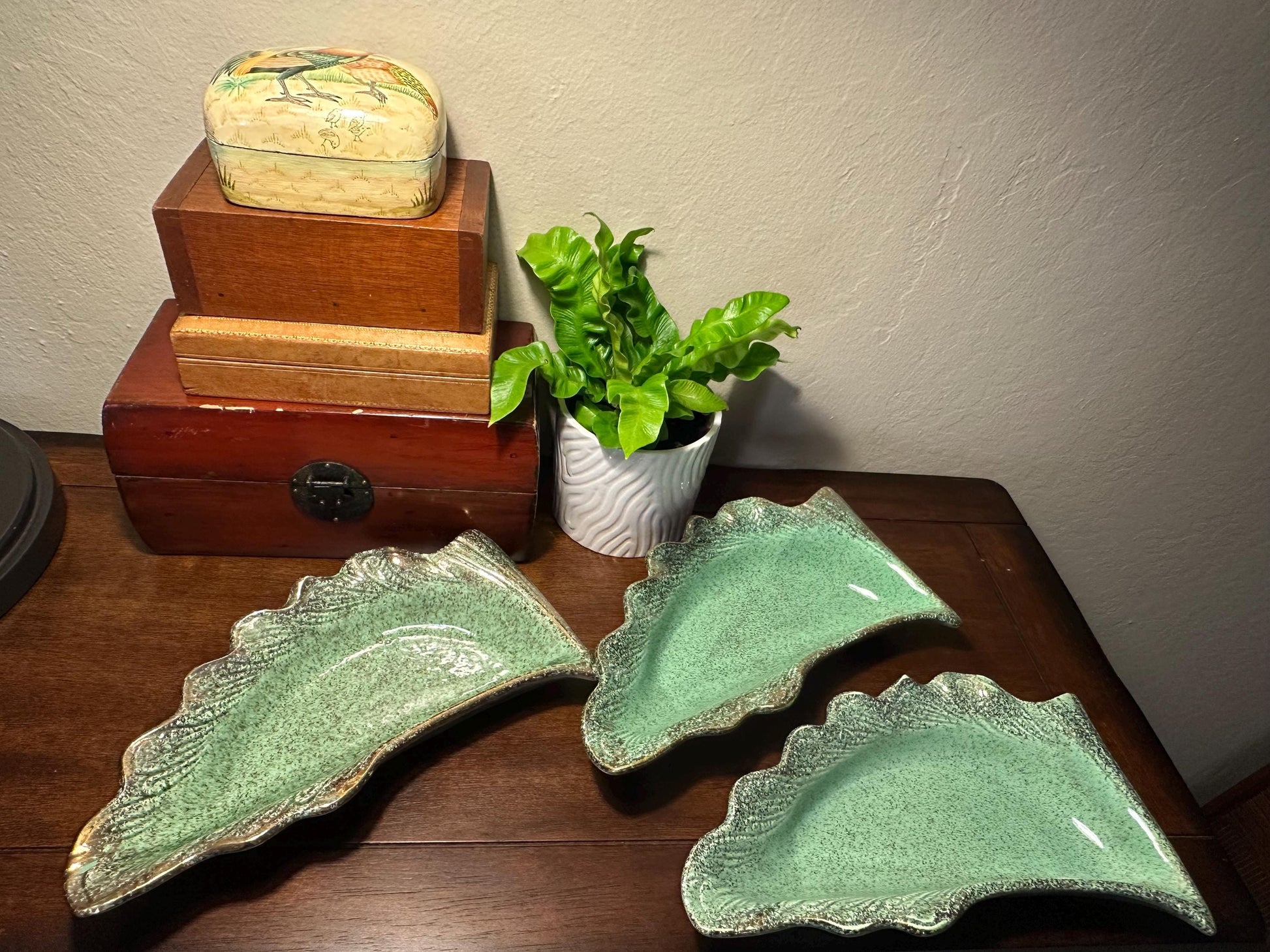 Vintage California Originals Green Ceramic Leaf Serving Dishes Set of 3 Trays with Gold Trim Mid Century Pottery