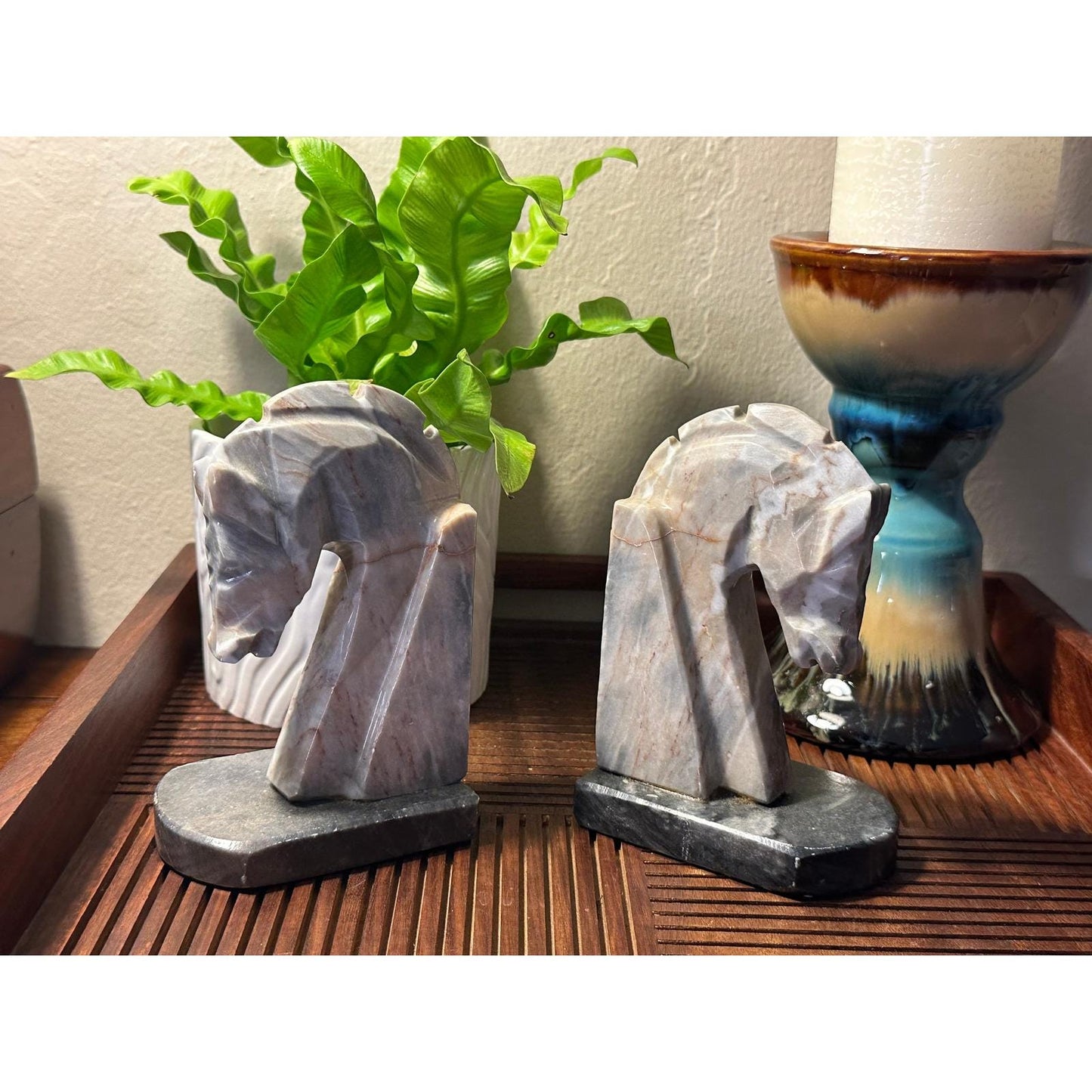 Vintage Mexican Marble Horse Head Bookends - Hand Carved Stone Book Ends Equestrian Decor