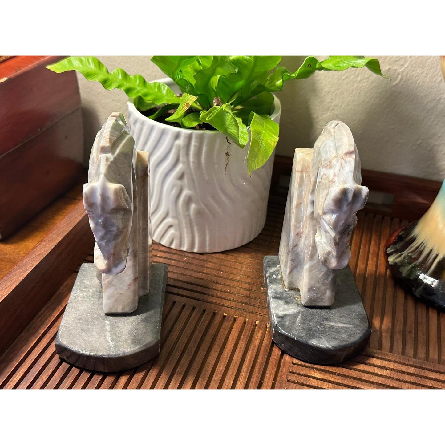 Vintage Mexican Marble Horse Head Bookends - Hand Carved Stone Book Ends Equestrian Decor