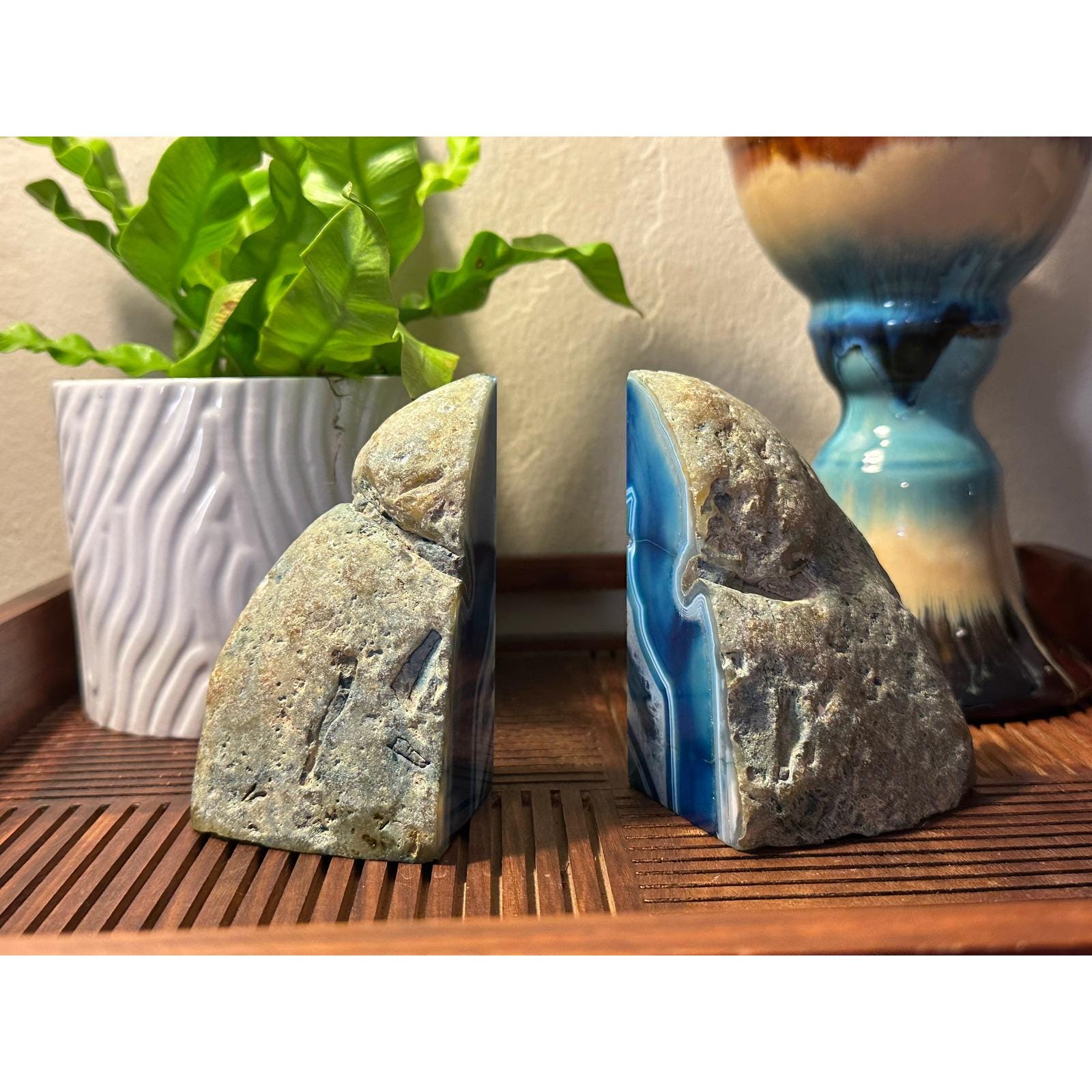 Blue Agate Geode Bookends Pair Natural Polished Stone Decor Office Library Study Room Crystal Display