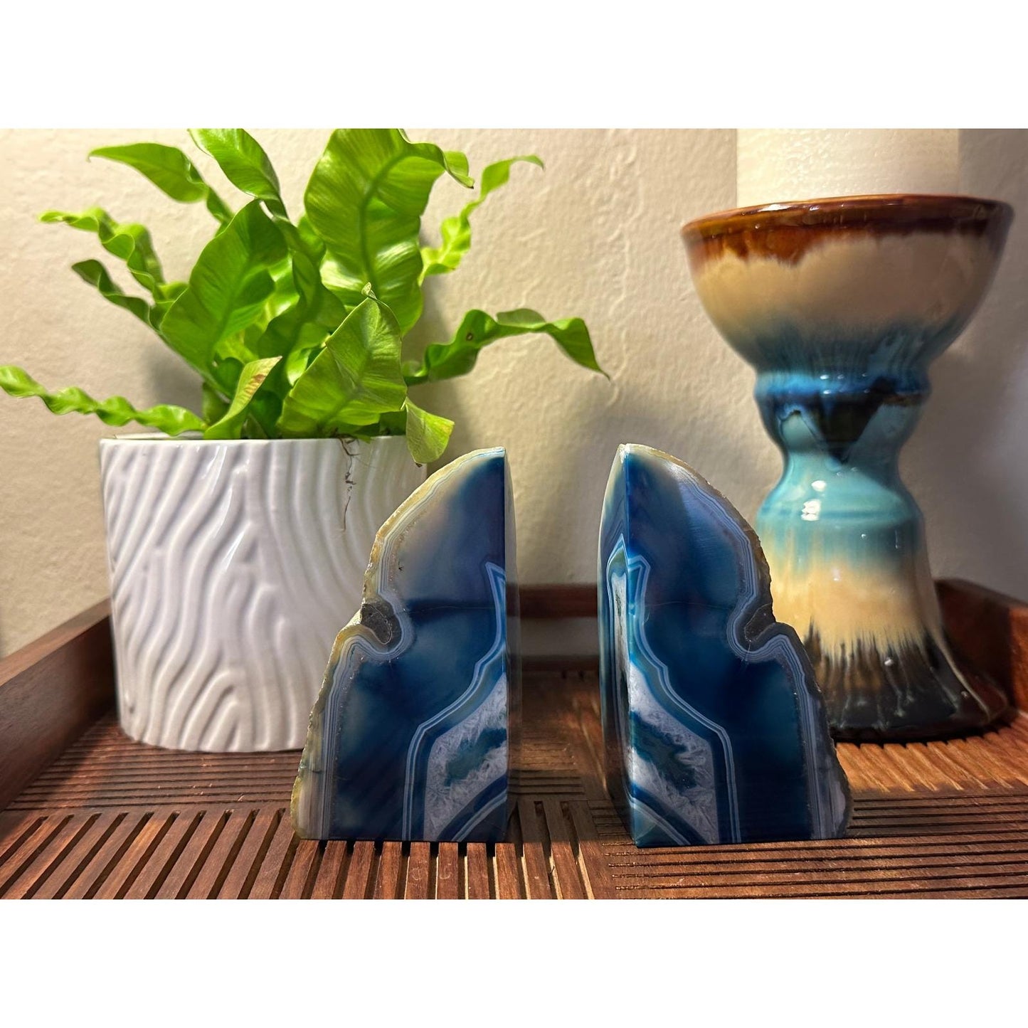 Blue Agate Geode Bookends Pair Natural Polished Stone Decor Office Library Study Room Crystal Display