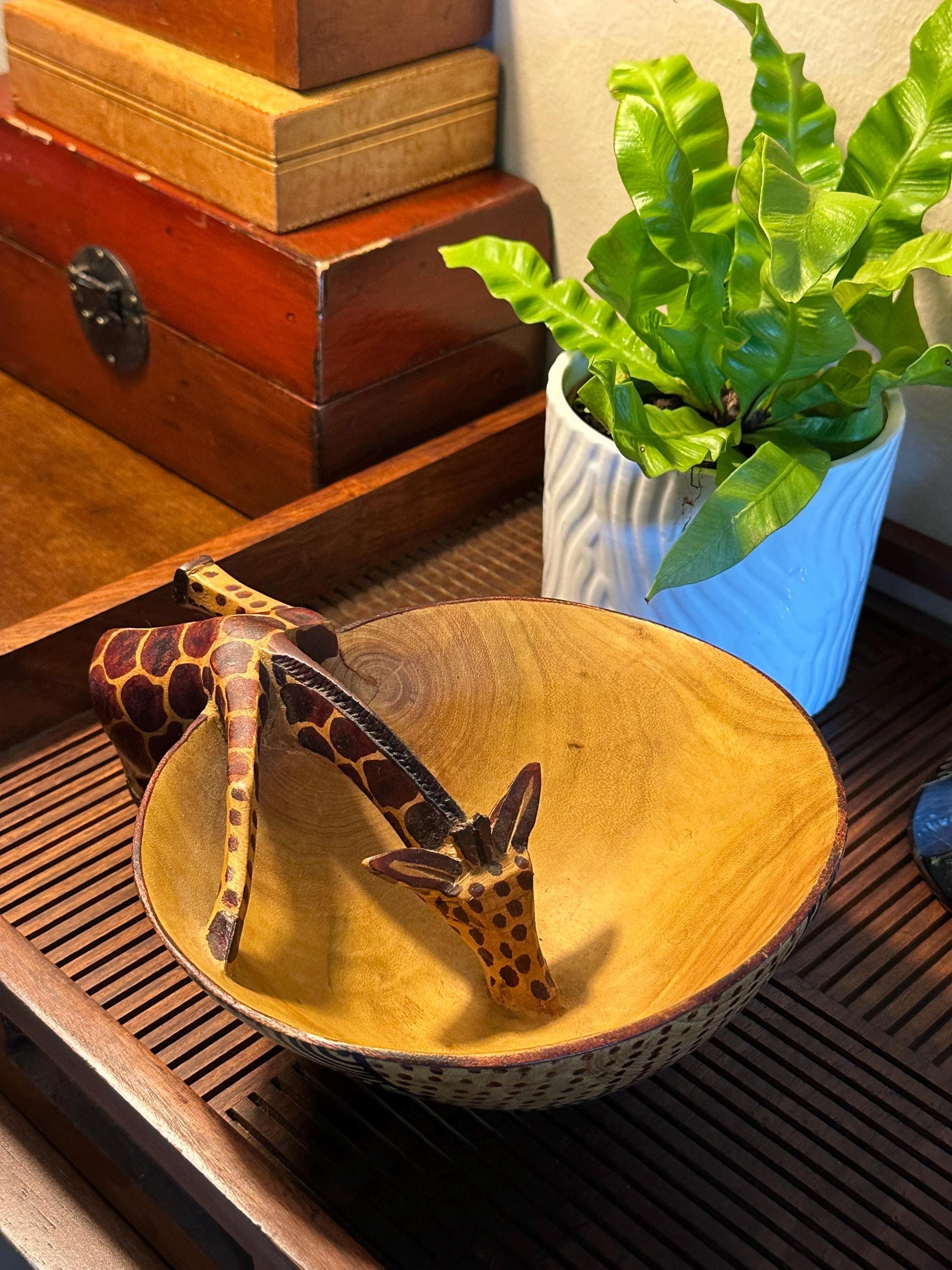Hand-Carved Wooden Giraffe Bowl: African-Inspired Tribal Decor, Unique Artisan Animal Sculpture