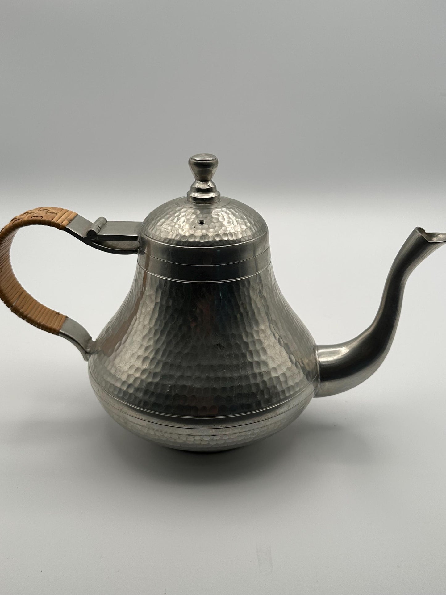 Vintage Hammered Pewter Teapot Woven Rattan Handle Indonesian Mid Century Boho Kitchen Decor Serveware