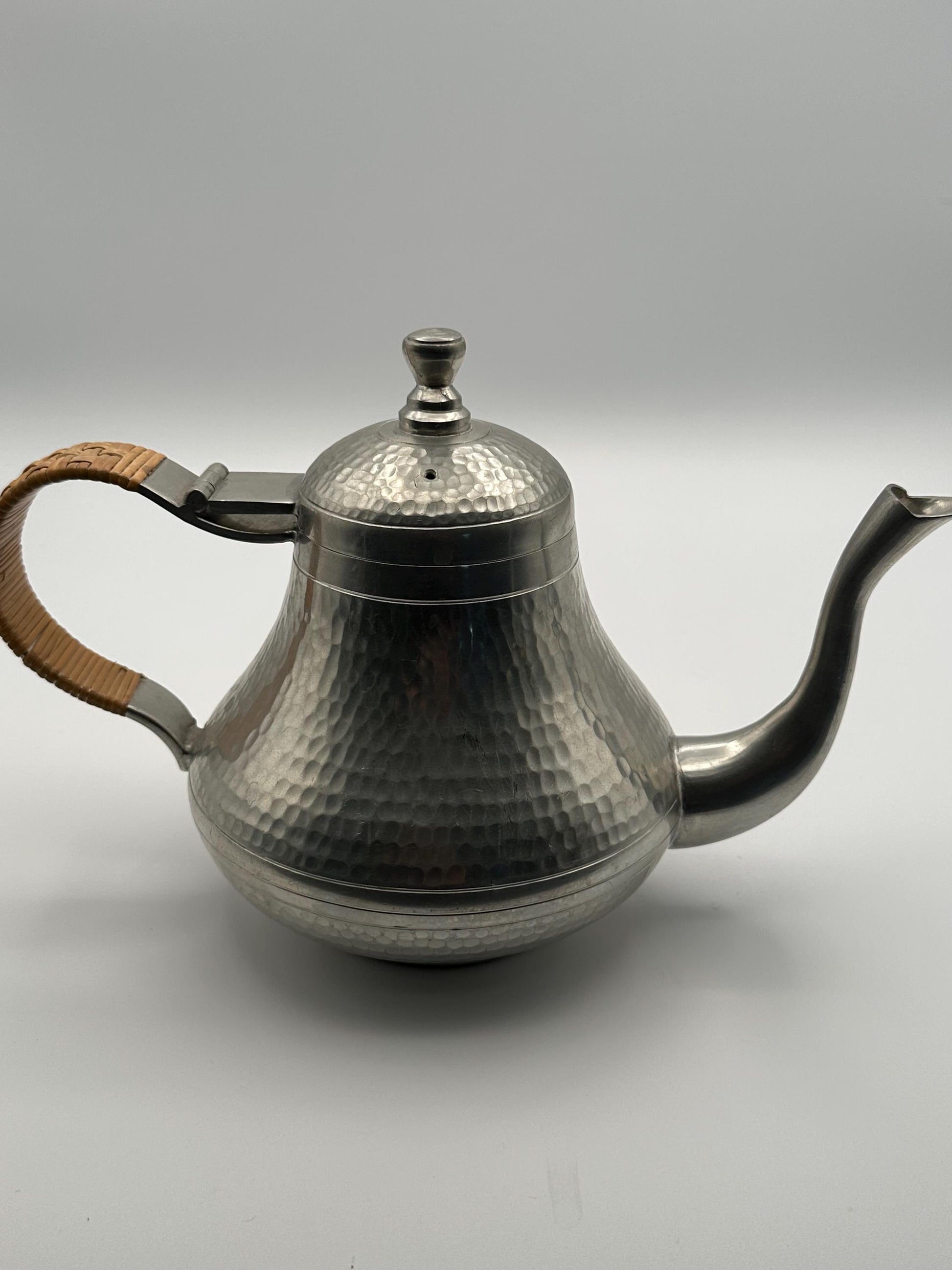 Vintage Hammered Pewter Teapot Woven Rattan Handle Indonesian Mid Century Boho Kitchen Decor Serveware