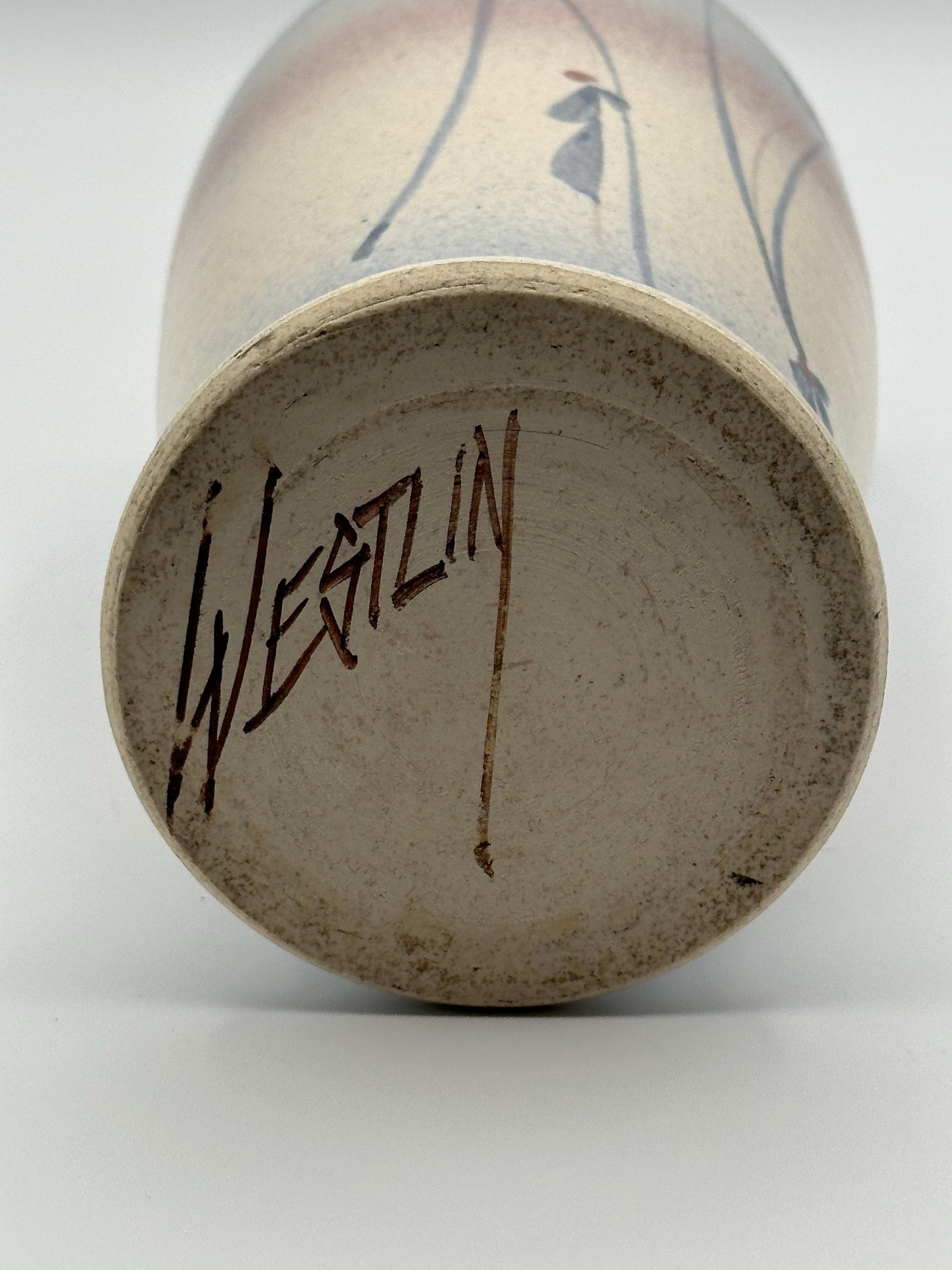 Vintage Jack Dwayne Westlin Studio Pottery Vase - Hand-Thrown Signed Art Blue Earth-Tone Gradient Floral Design
