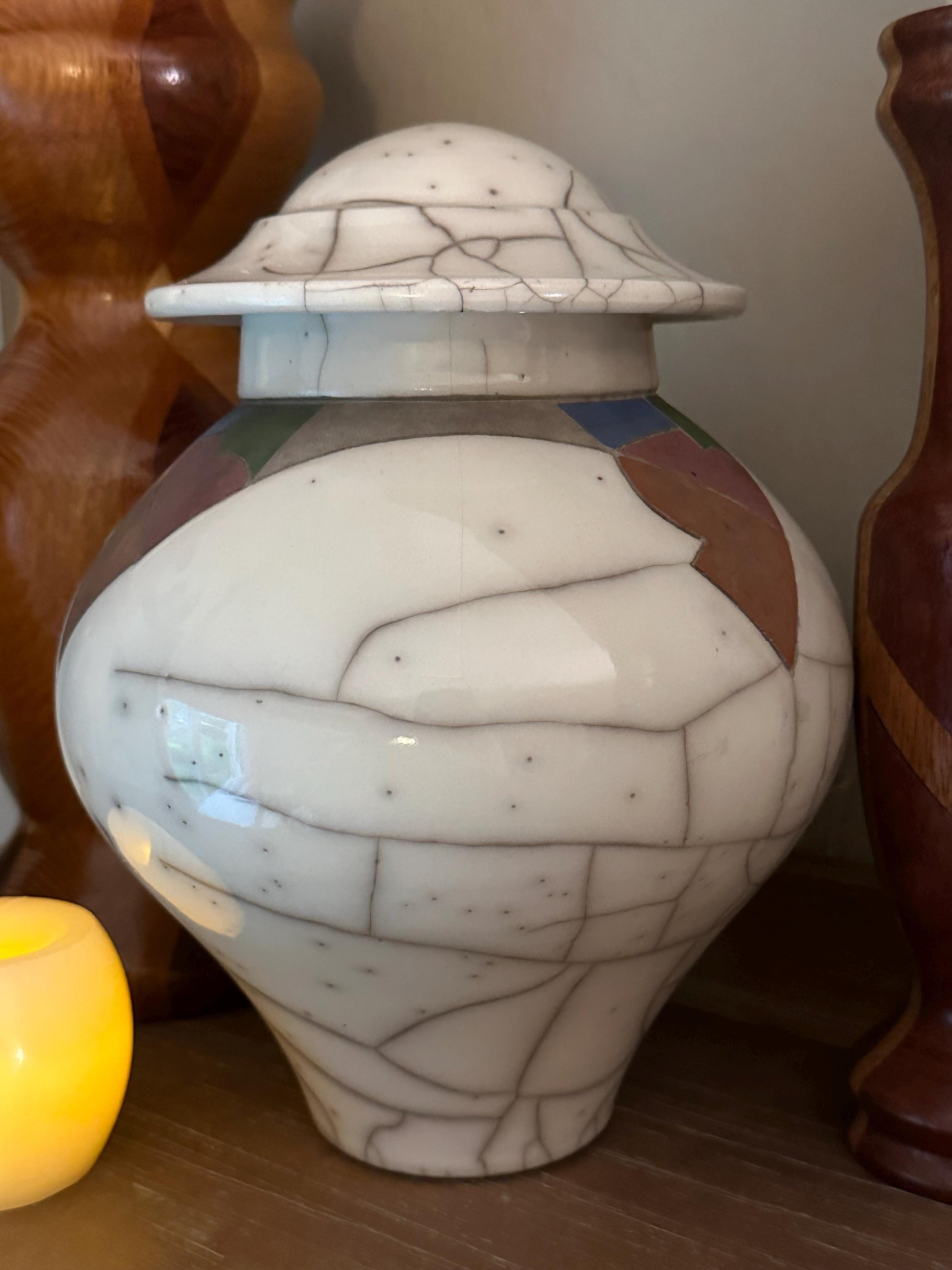 Vintage Raku Pottery Lidded Jar Artist Signed 1986 Crackle Glaze Southwestern Modern Handmade Studio Art Vessel